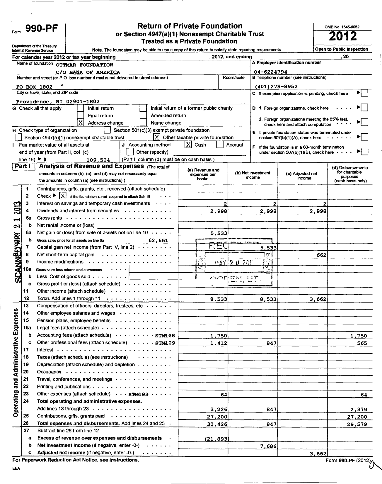 Image of first page of 2012 Form 990PF for Ottmar Foundation