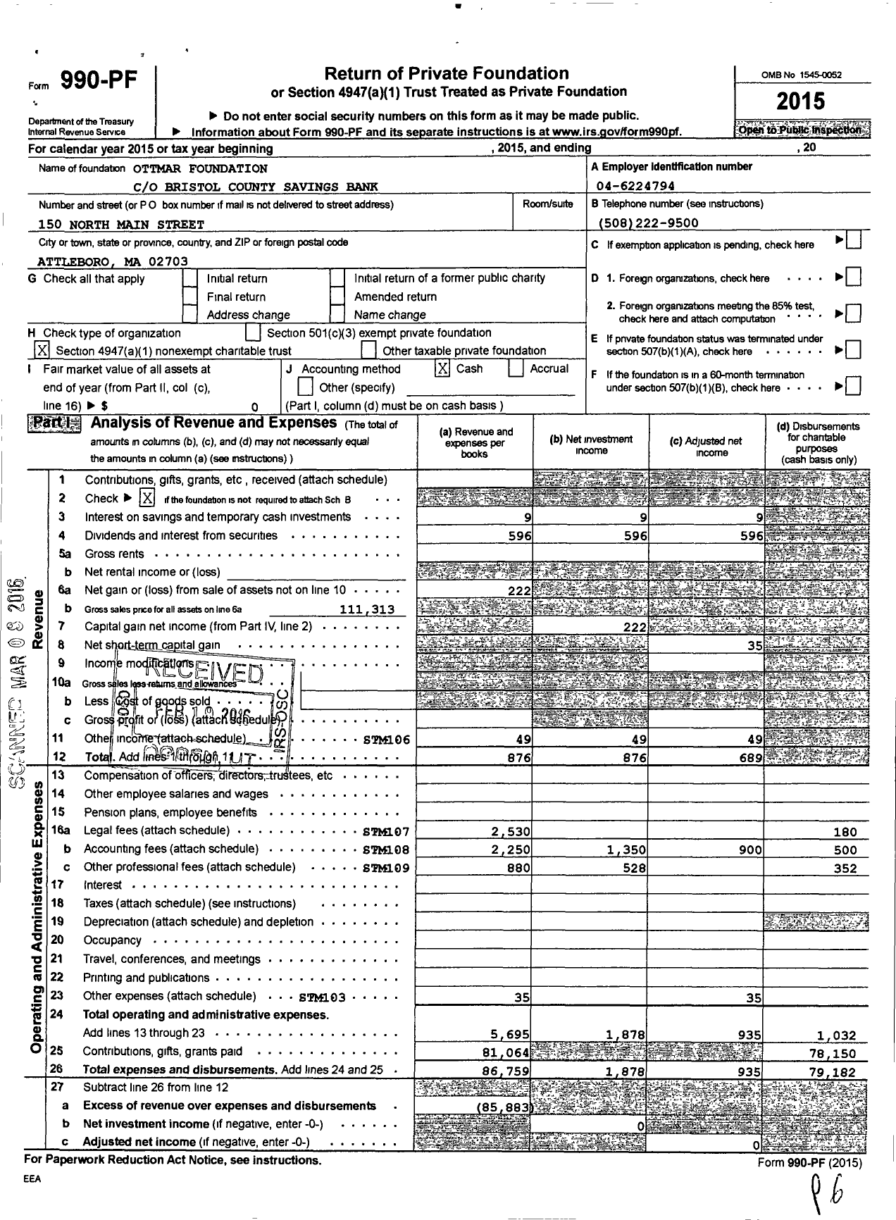 Image of first page of 2015 Form 990PF for Ottmar Foundation