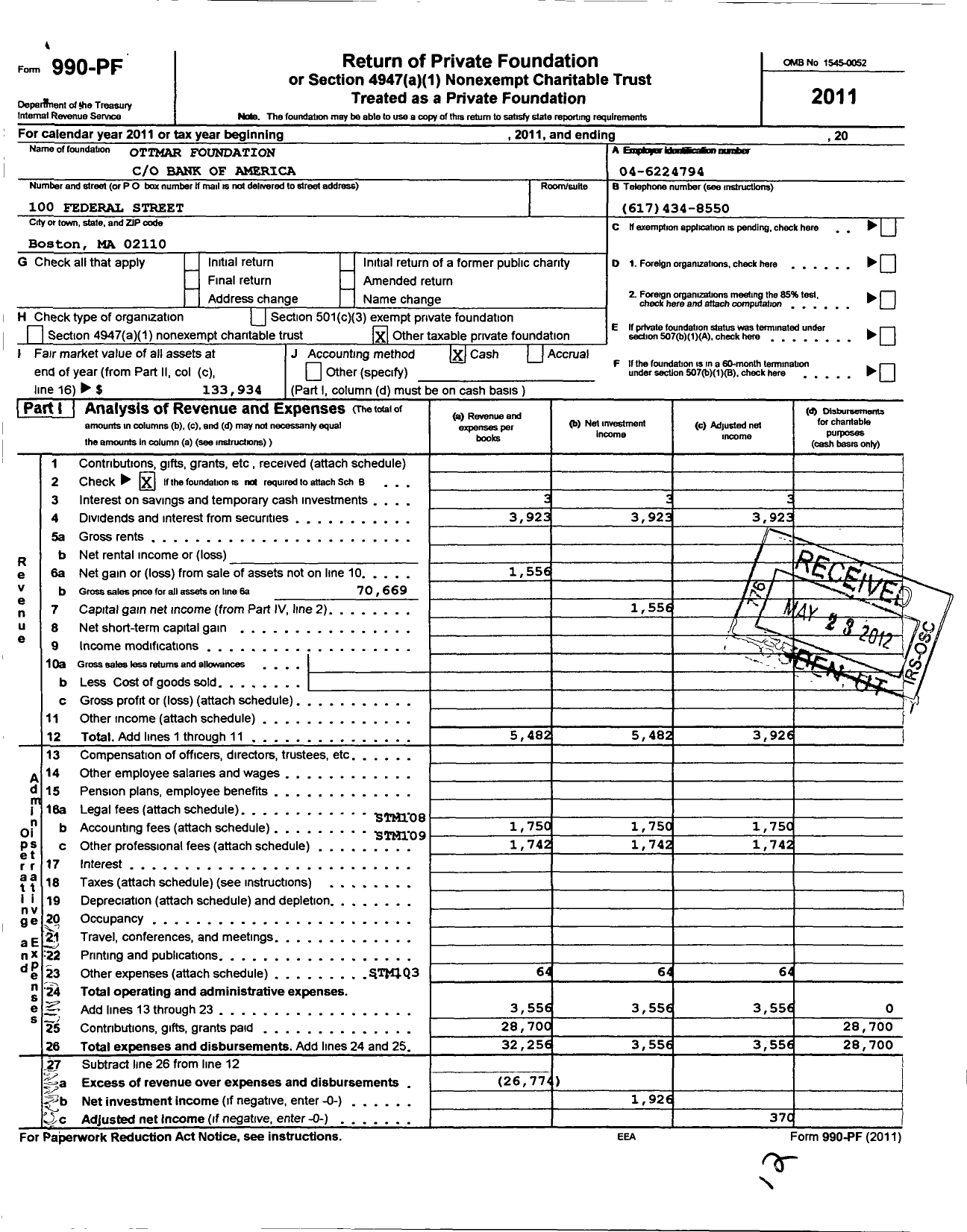 Image of first page of 2011 Form 990PF for Ottmar Foundation