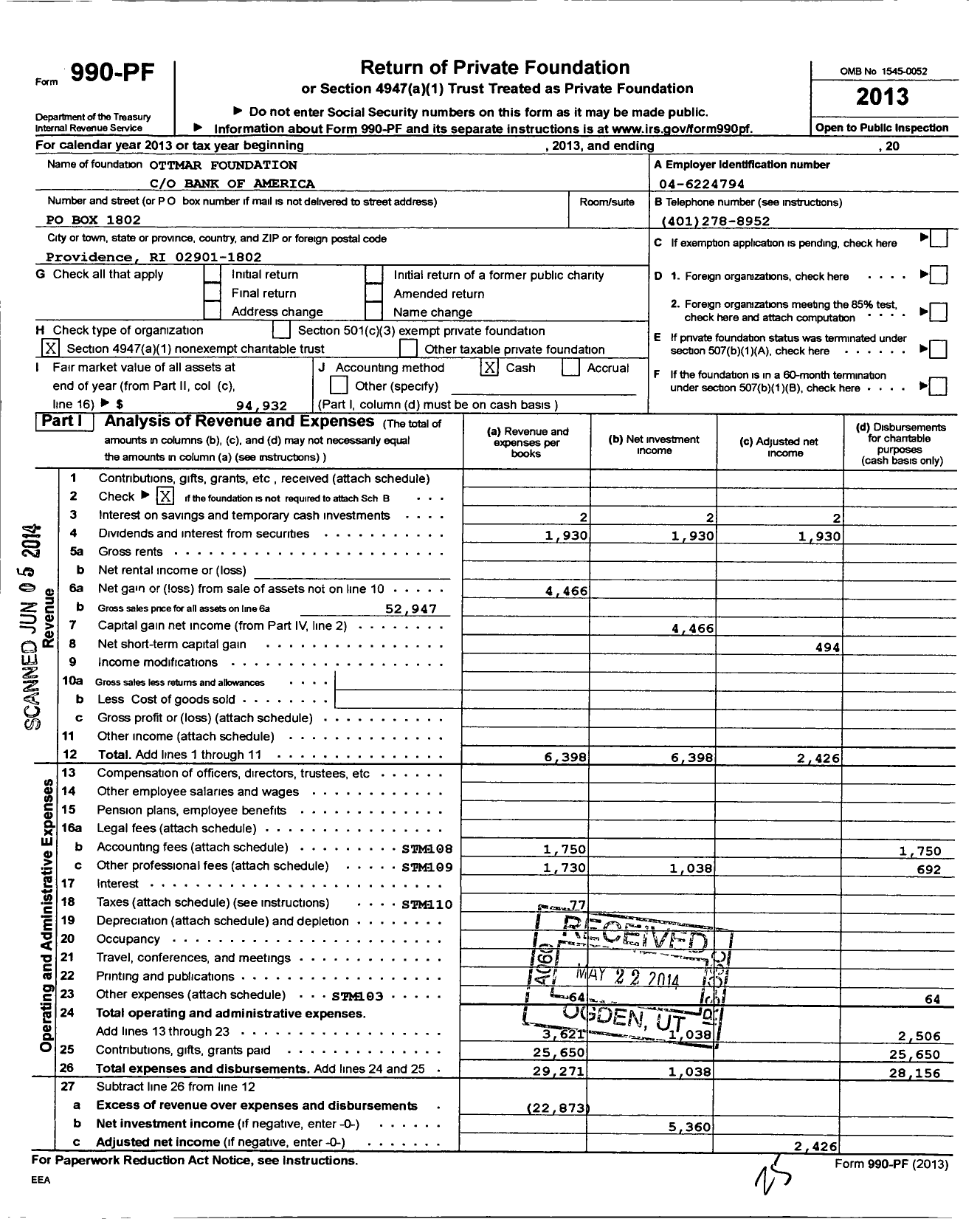 Image of first page of 2013 Form 990PF for Ottmar Foundation