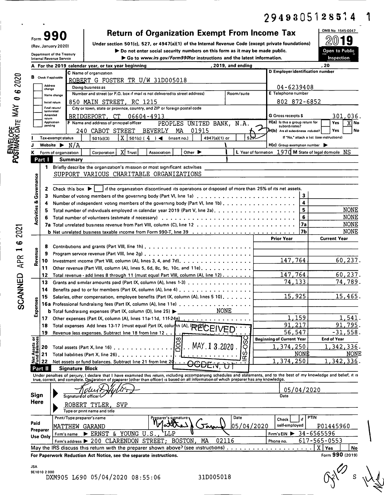 Image of first page of 2019 Form 990 for Robert G Foster TR Uw