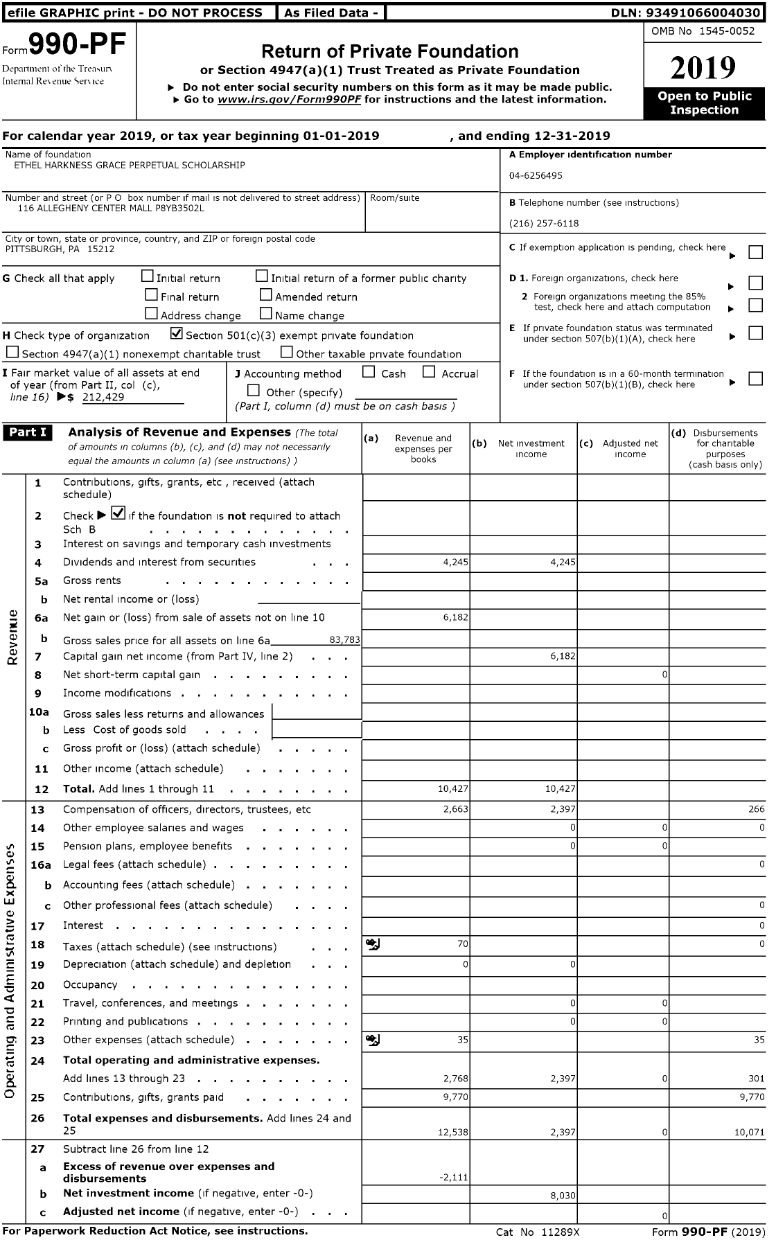 Image of first page of 2019 Form 990PR for Ethel Harkness Grace Perpetual Scholarship