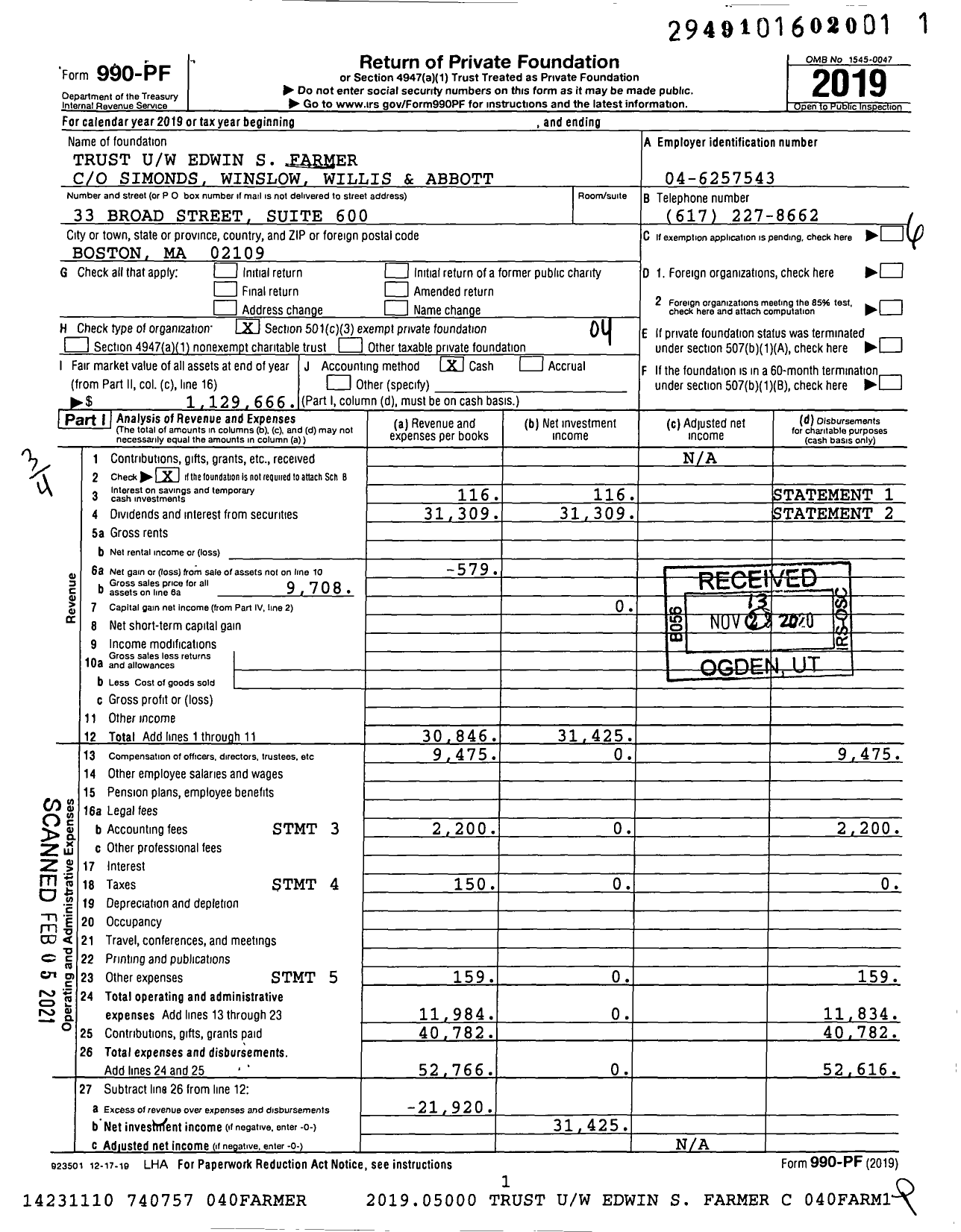 Image of first page of 2019 Form 990PF for Trust Uw Edwin S Farmer