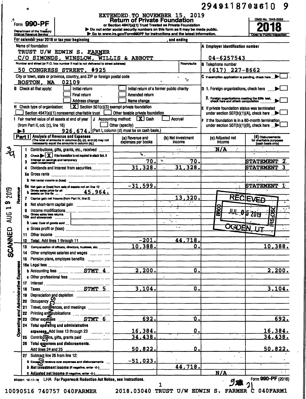 Image of first page of 2018 Form 990PF for Trust Uw Edwin S Farmer