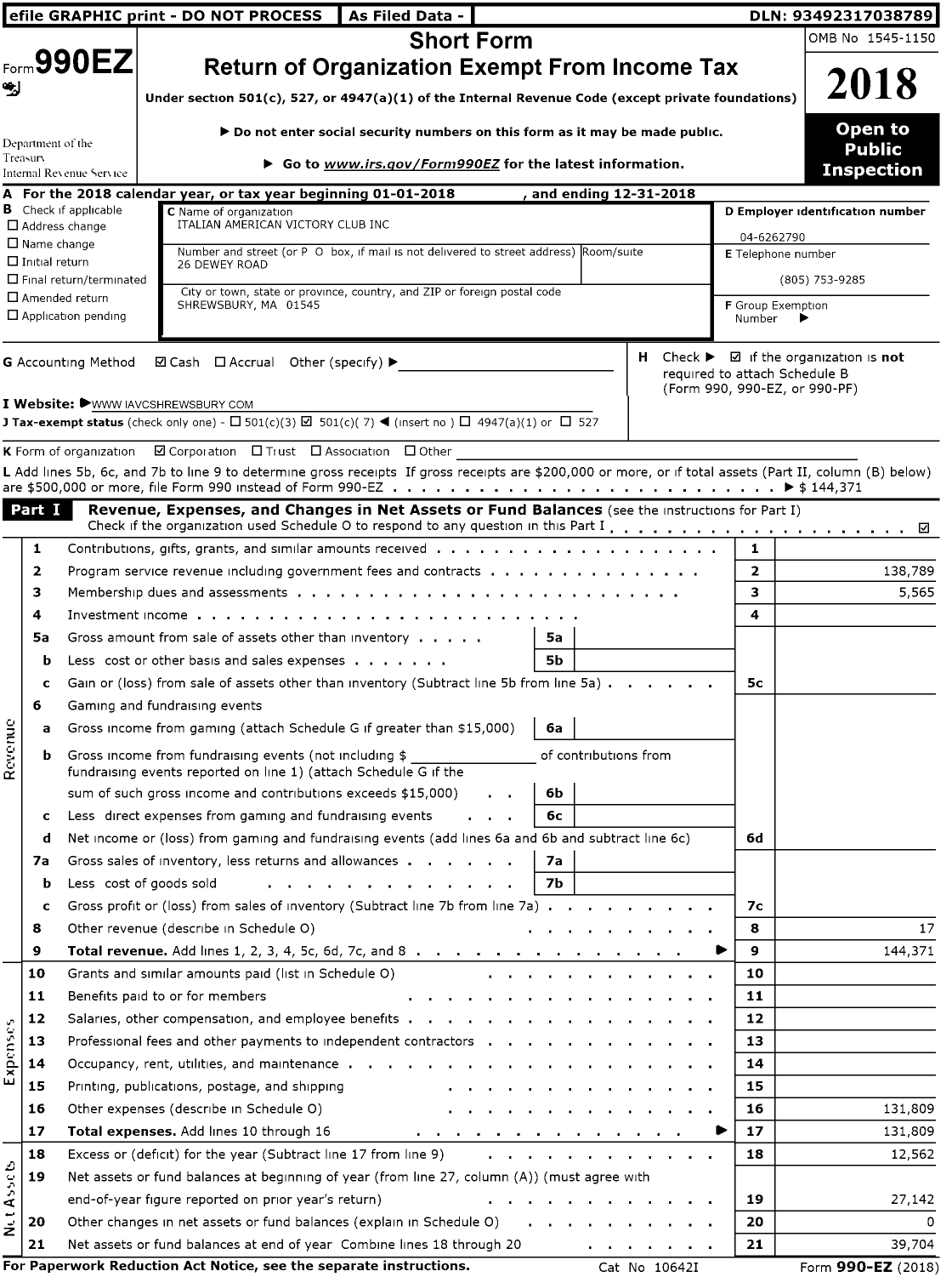 Image of first page of 2018 Form 990EO for Italian American Victory Club