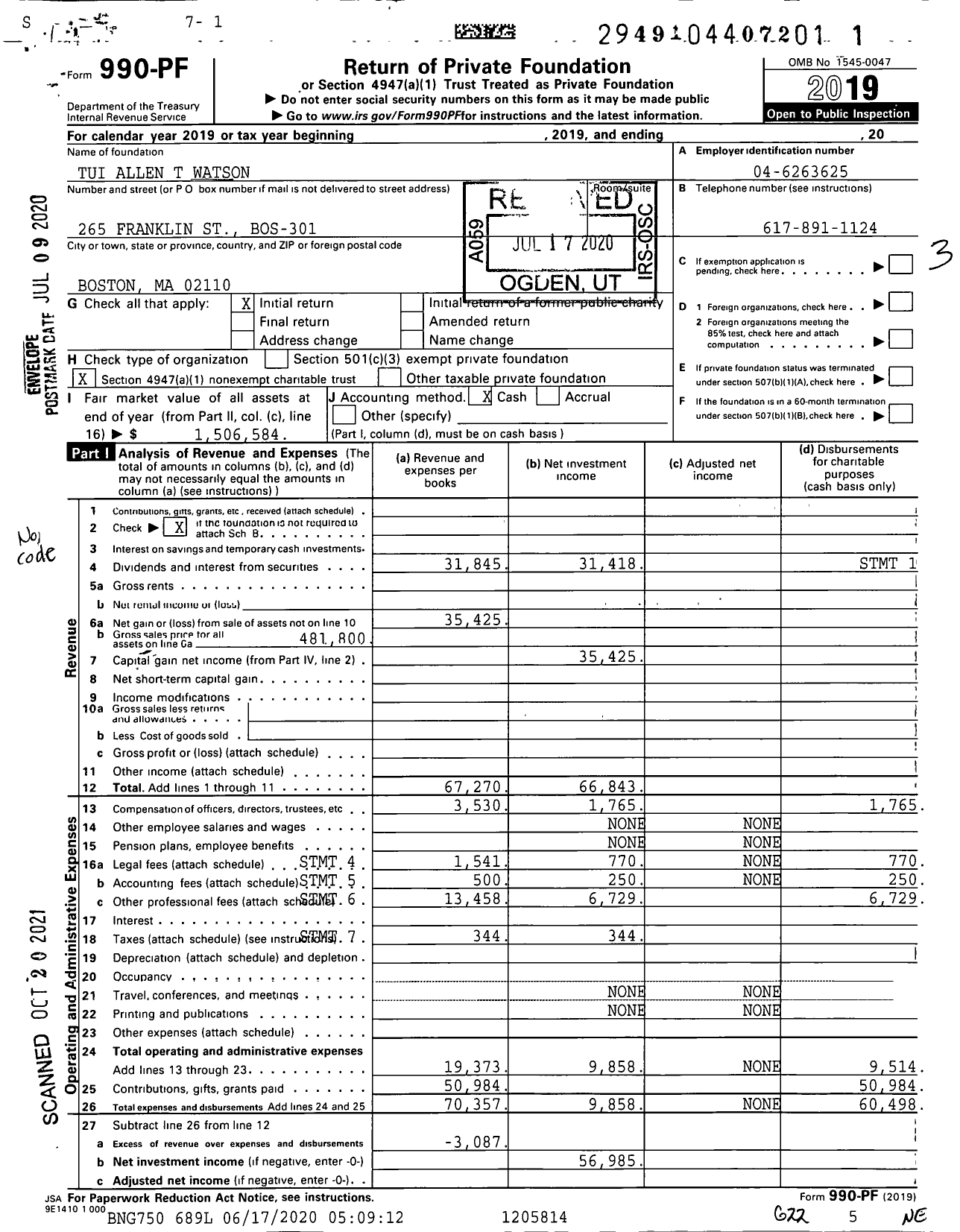 Image of first page of 2019 Form 990PF for Tui Allen T Watson