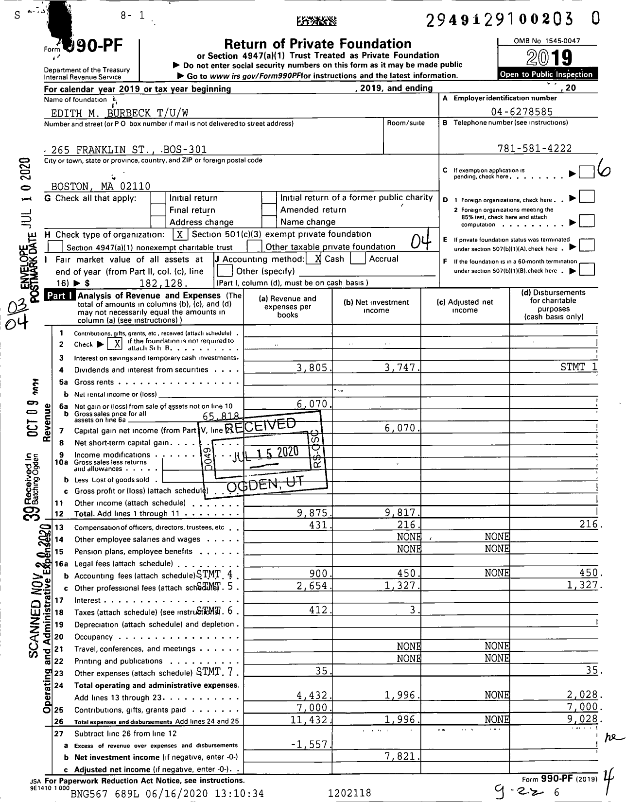 Image of first page of 2019 Form 990PF for Edith M Burbeck Tuw