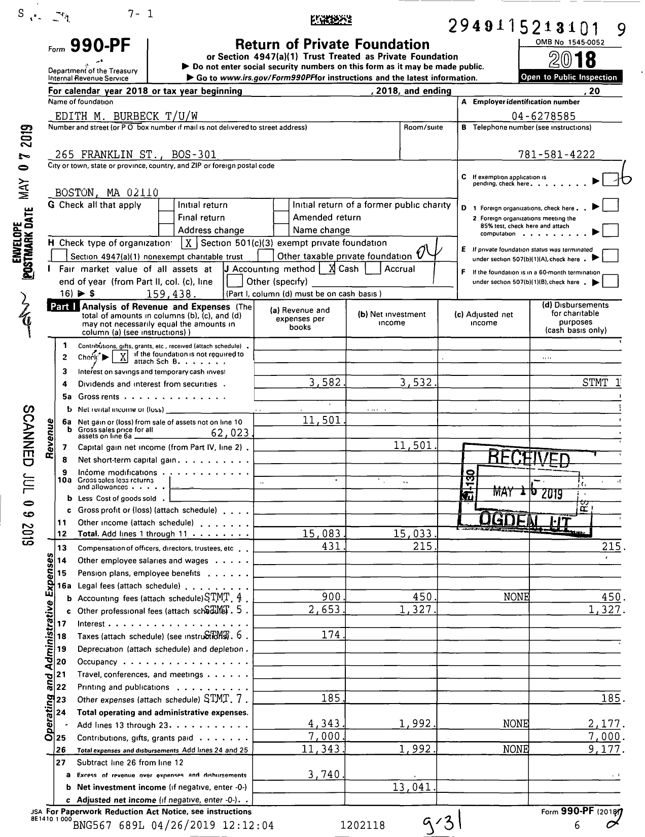 Image of first page of 2018 Form 990PF for Edith M Burbeck Tuw