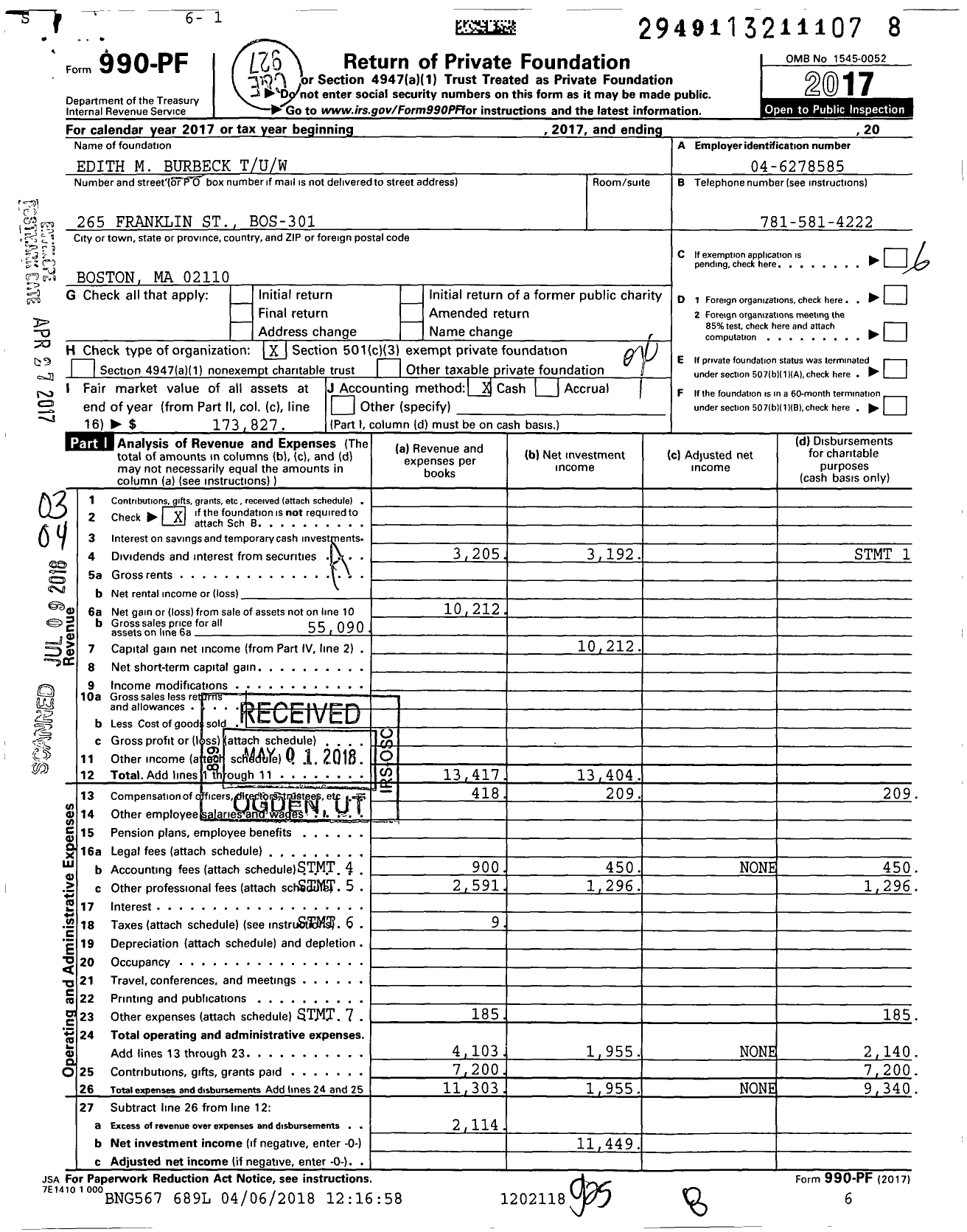 Image of first page of 2017 Form 990PF for Edith M Burbeck Tuw