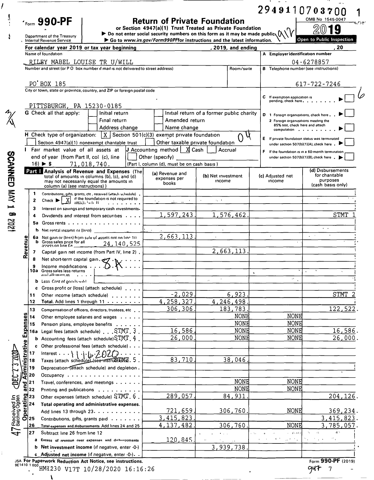 Image of first page of 2019 Form 990PF for Riley Mabel Louise TR Uwill