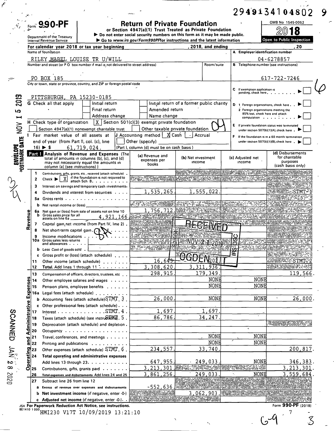 Image of first page of 2018 Form 990PF for Riley Mabel Louise TR Uwill