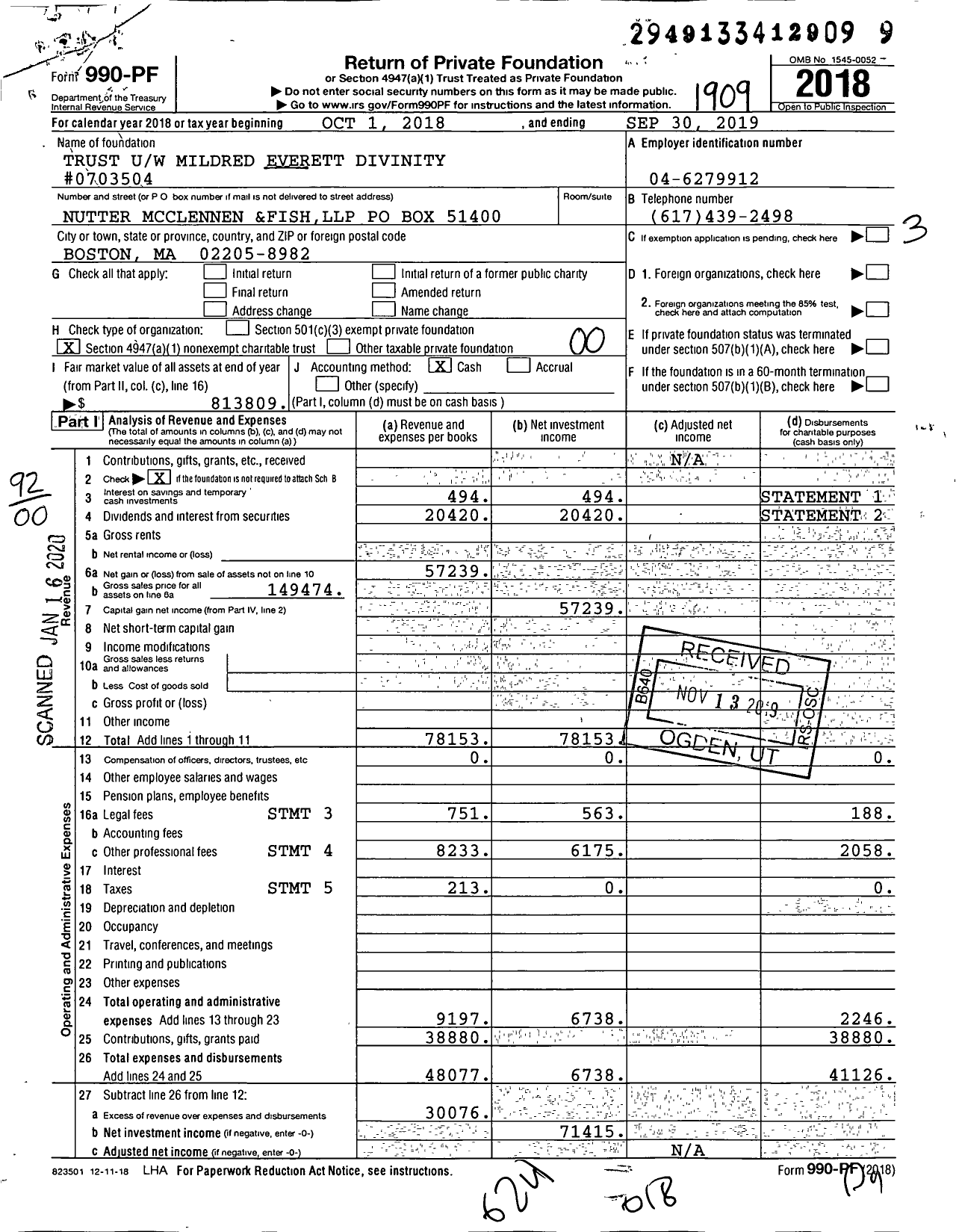 Image of first page of 2018 Form 990PF for Trust Uw Mildred Everett Divinity #0703504