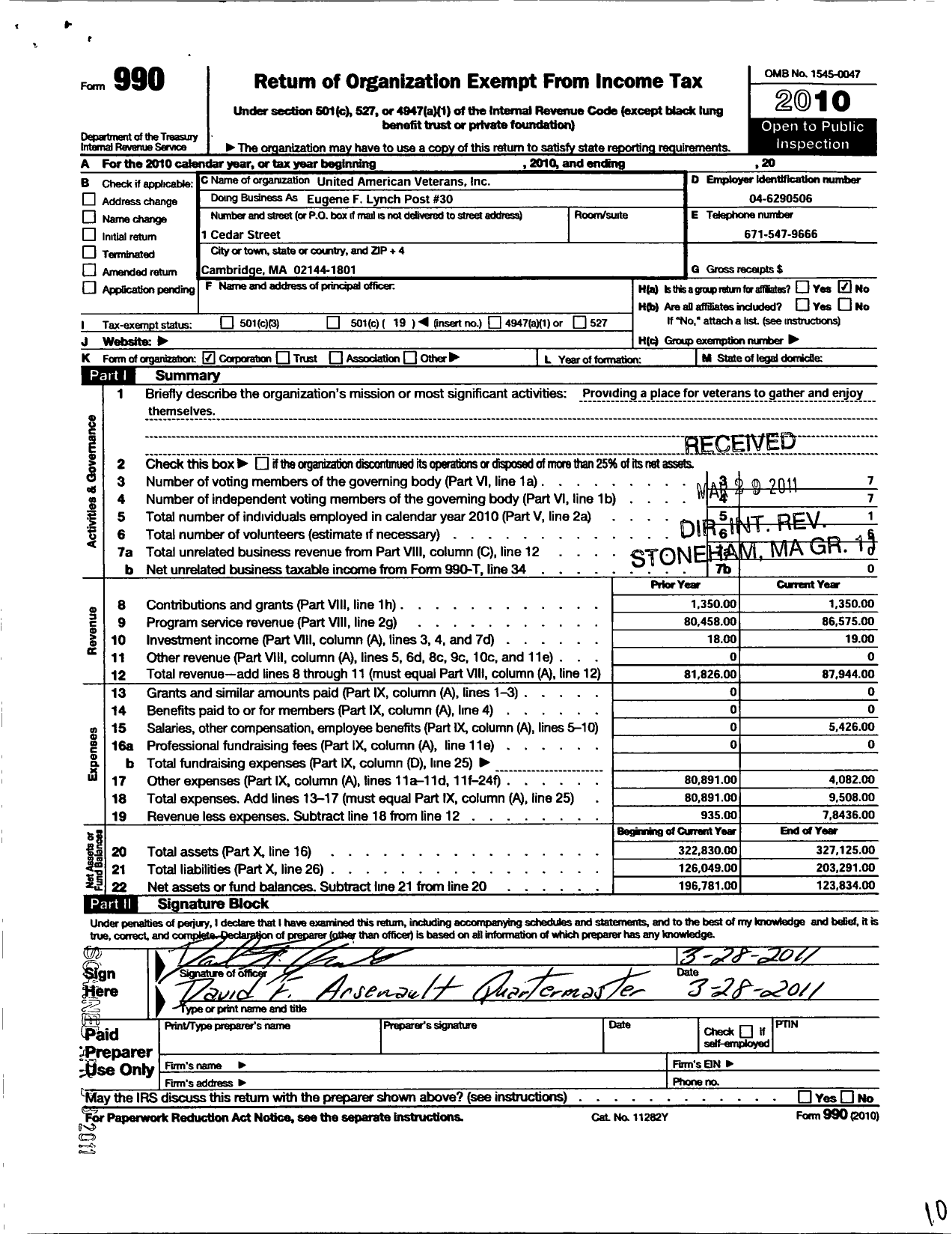 Image of first page of 2010 Form 990O for Eugene F Lynch Post 30