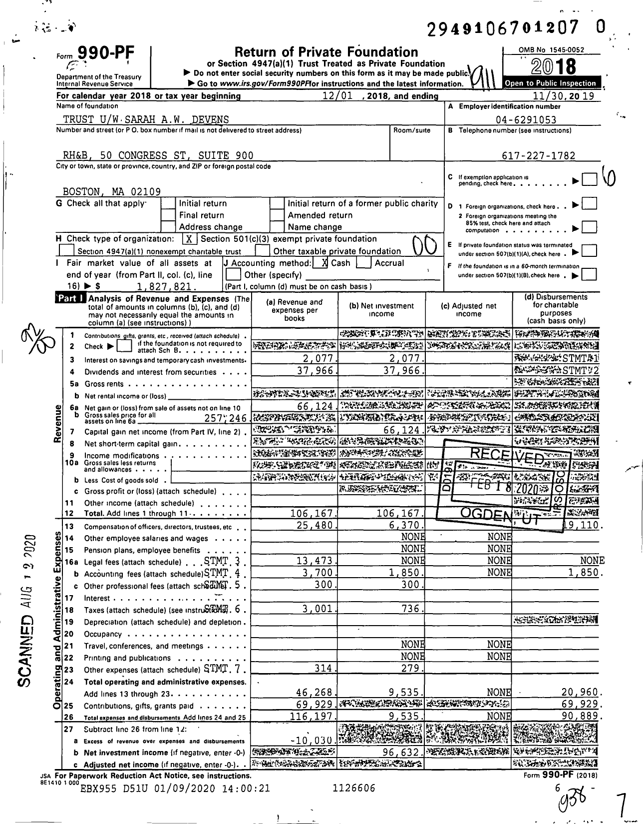 Image of first page of 2018 Form 990PR for Trust Uw Sarah Aw Devens