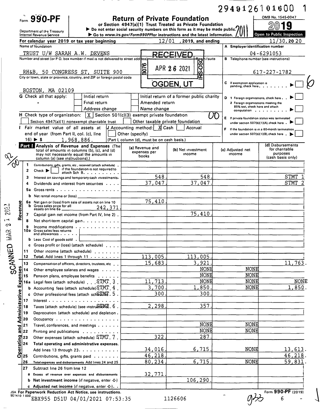 Image of first page of 2019 Form 990PF for Trust Uw Sarah Aw Devens