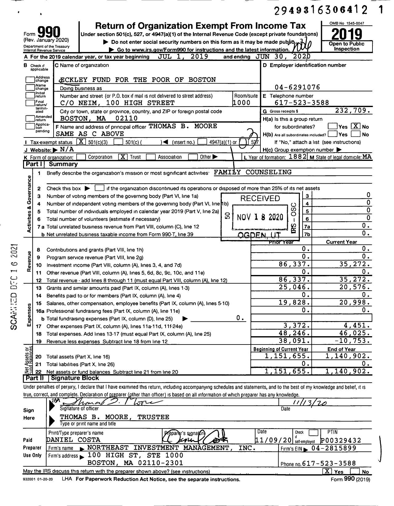 Image of first page of 2019 Form 990 for Eckley Fund for the Poor of Boston
