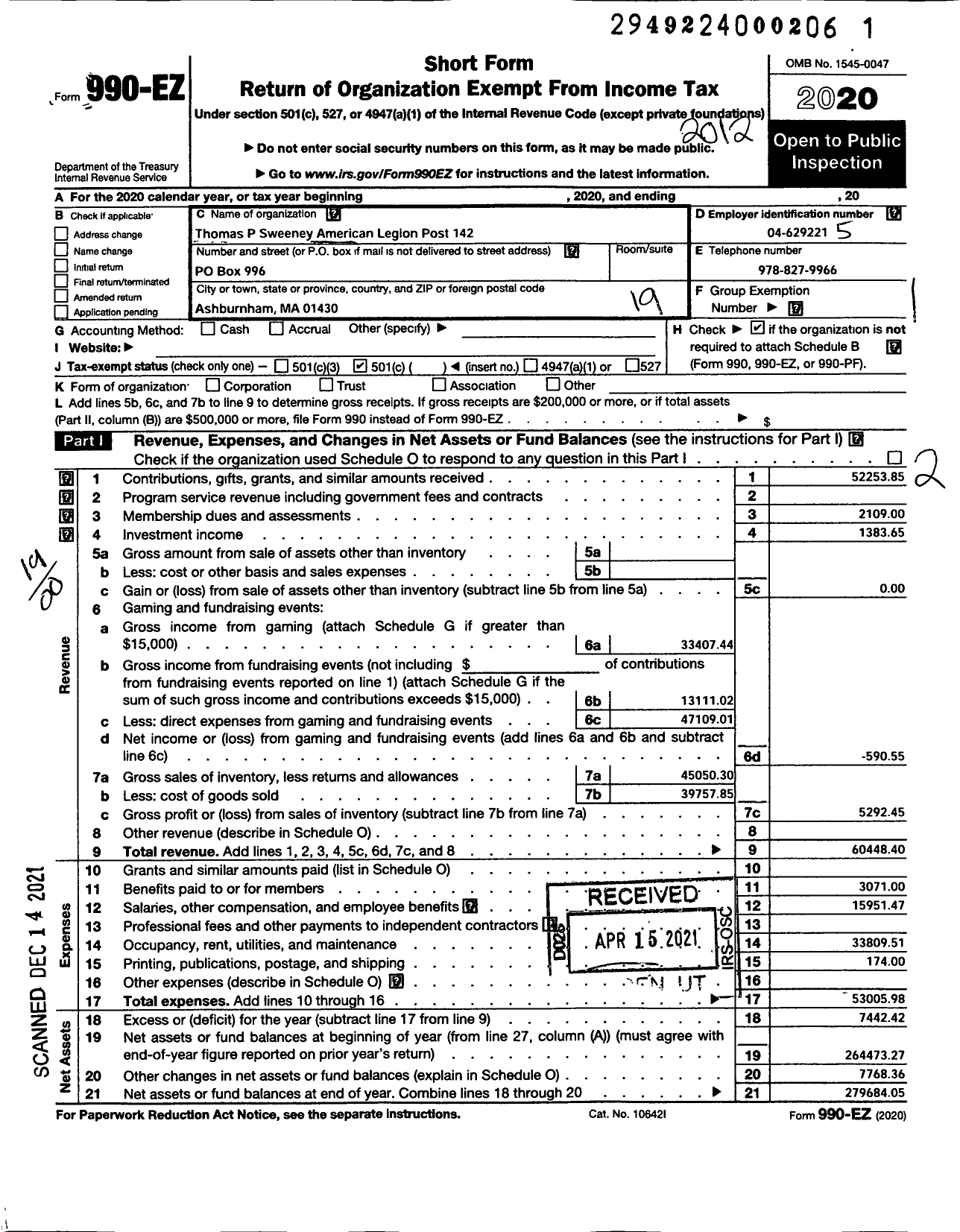 Image of first page of 2020 Form 990EO for American Legion - 142 Thomas P Sweeney Post