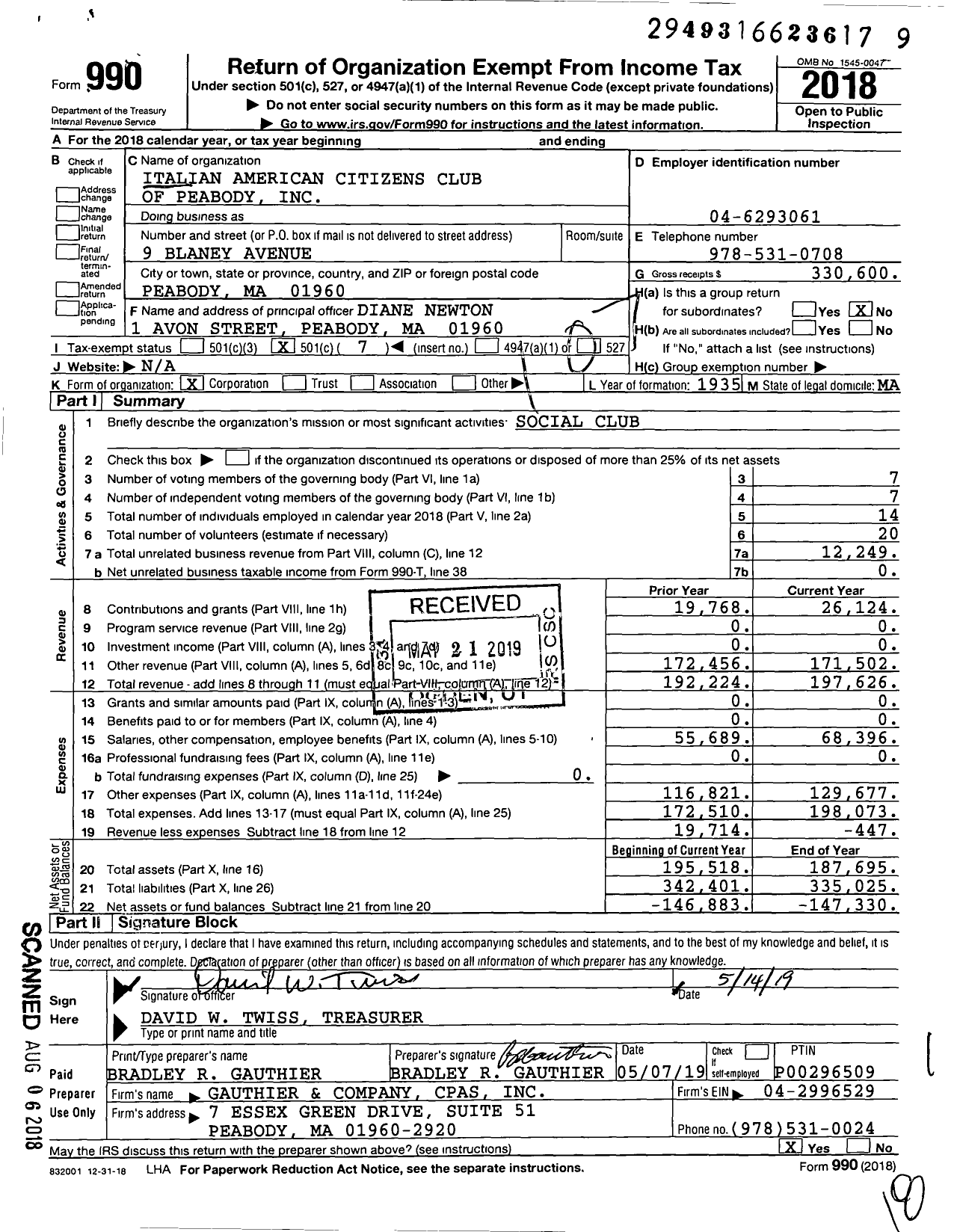 Image of first page of 2018 Form 990O for Italian American Citizens Club of Peabody