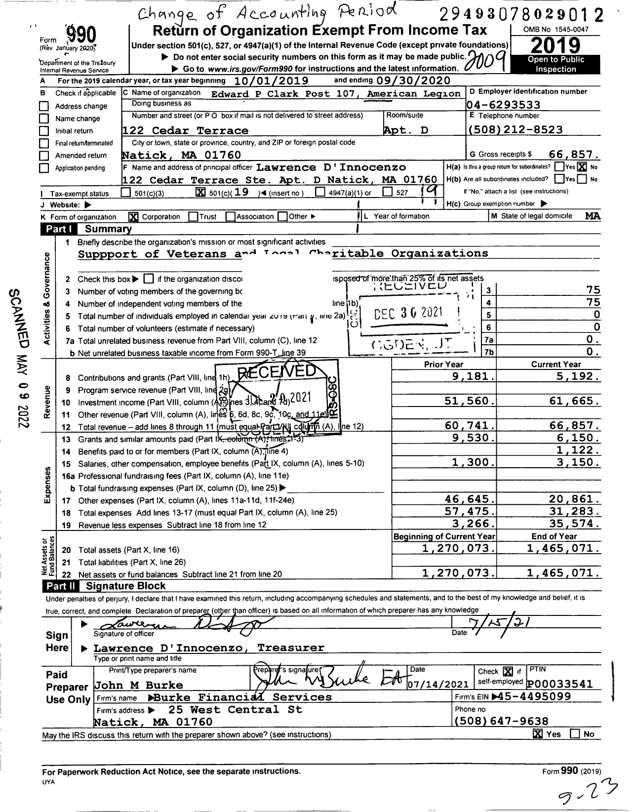 Image of first page of 2019 Form 990O for Edward P Clark Post 107 American Legion