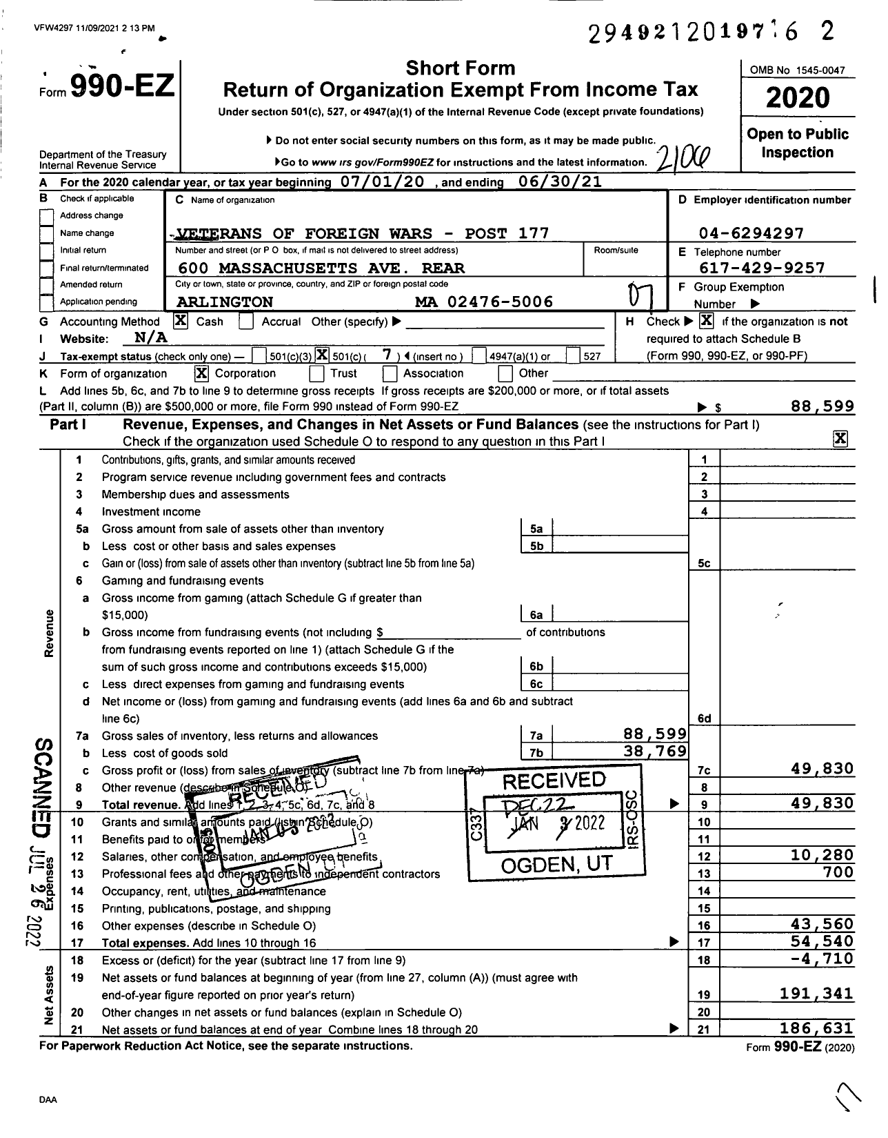 Image of first page of 2020 Form 990EO for VFW Department of Massachusetts - 1775 Vfw-Mass