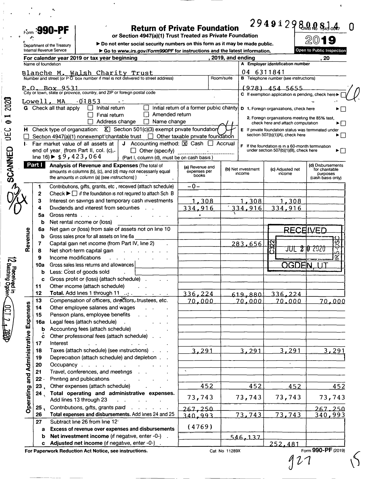 Image of first page of 2019 Form 990PF for Blanche M Walsh Charity Trust