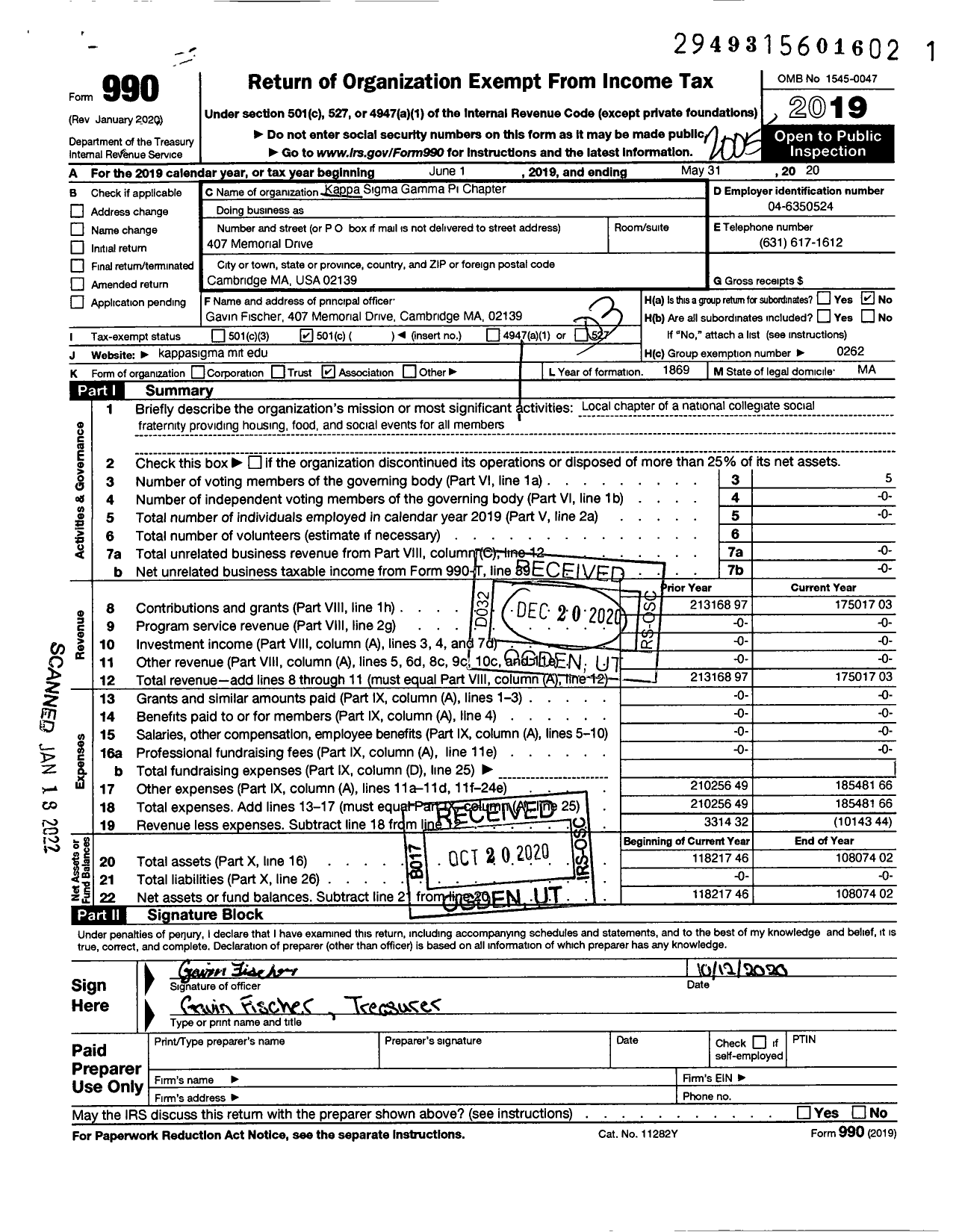 Image of first page of 2019 Form 990 for Kappa Sigma Fraternity - Gamma-Pi Chapter