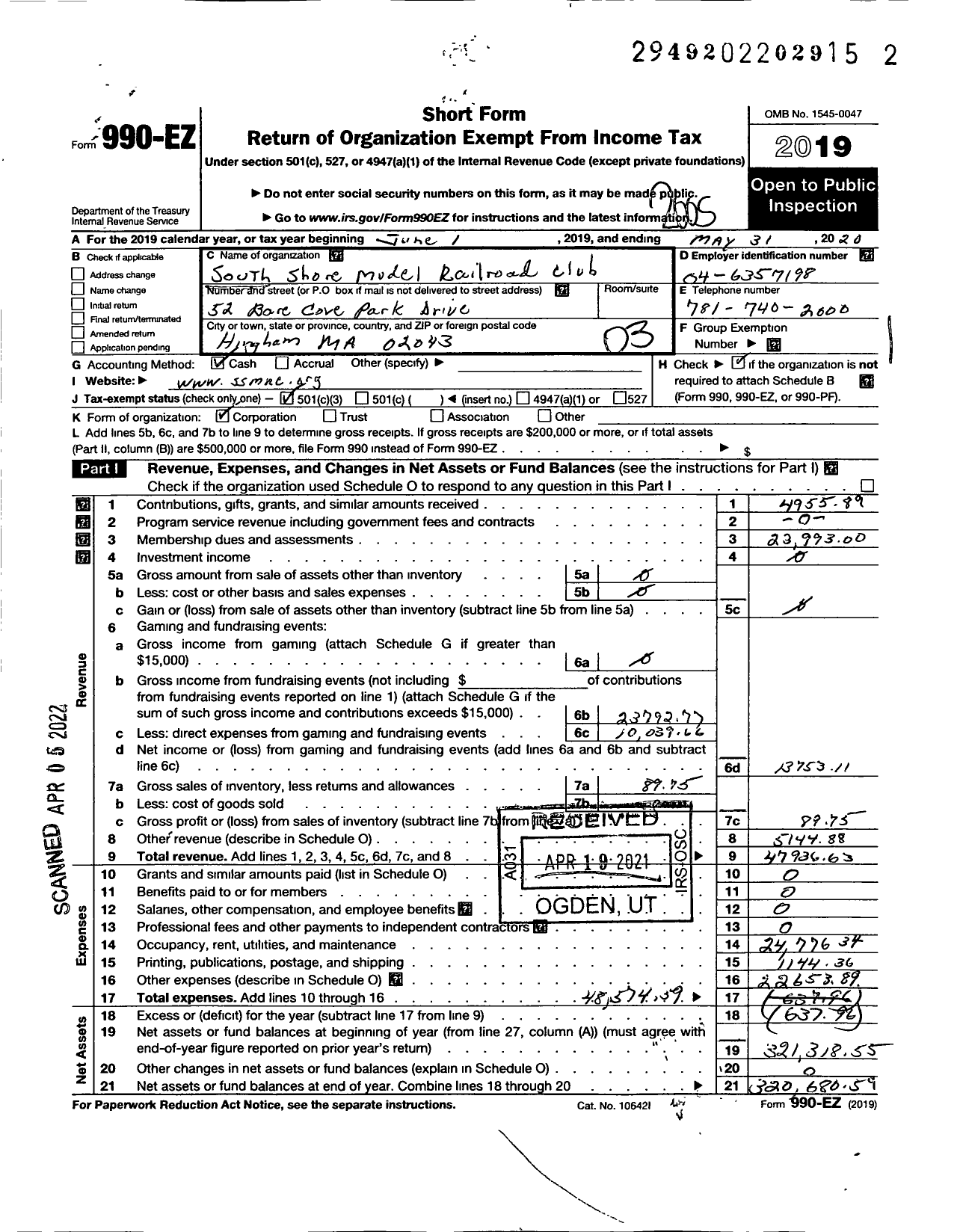 Image of first page of 2019 Form 990EZ for South Shore Model Railway Club