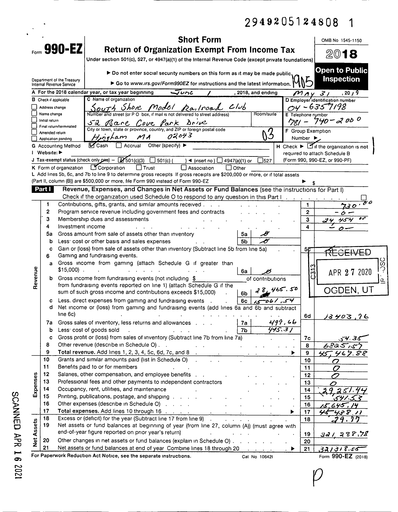 Image of first page of 2018 Form 990EZ for South Shore Model Railway Club