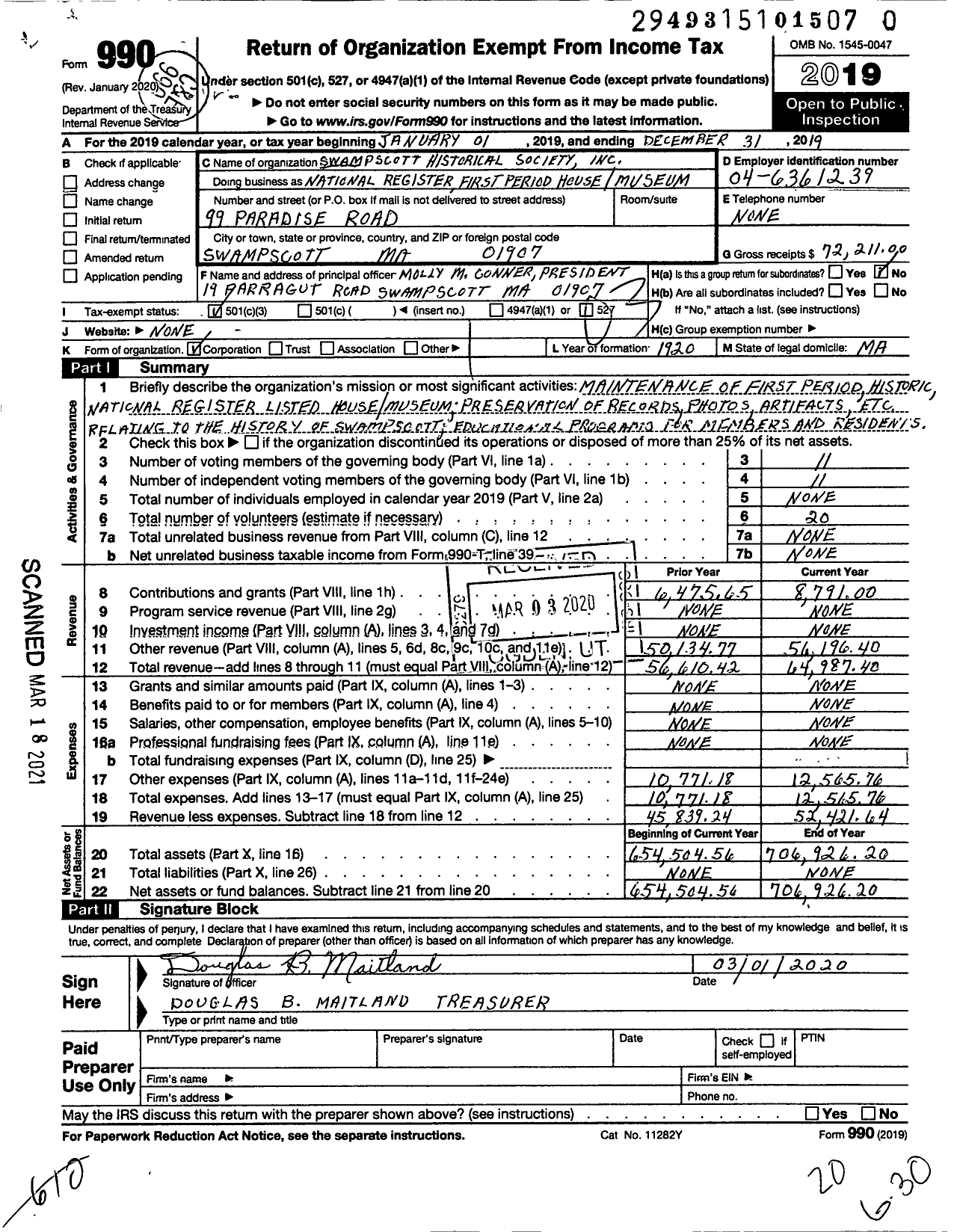 Image of first page of 2019 Form 990 for National Register First Period HouseMuseum