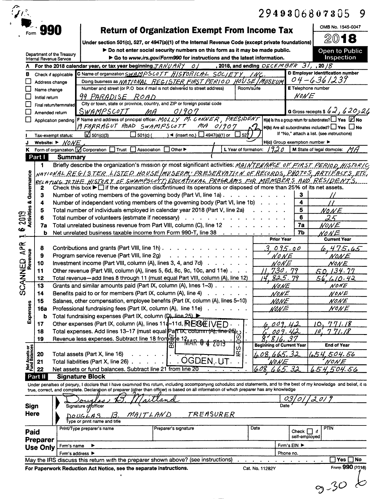 Image of first page of 2018 Form 990 for National Register First Period HouseMuseum