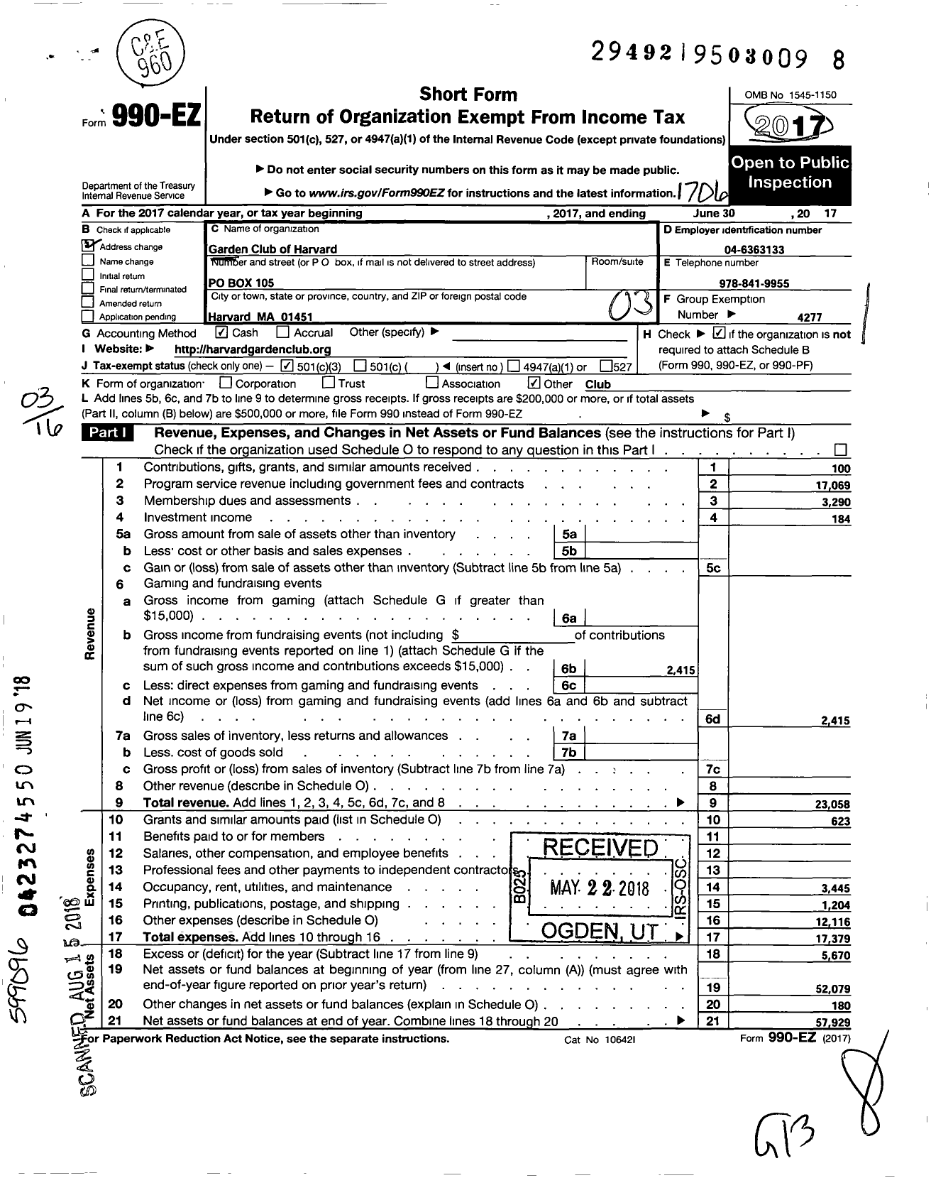 Image of first page of 2016 Form 990EZ for Garden Club Federation of Massachusetts / Garden Club of Harvard