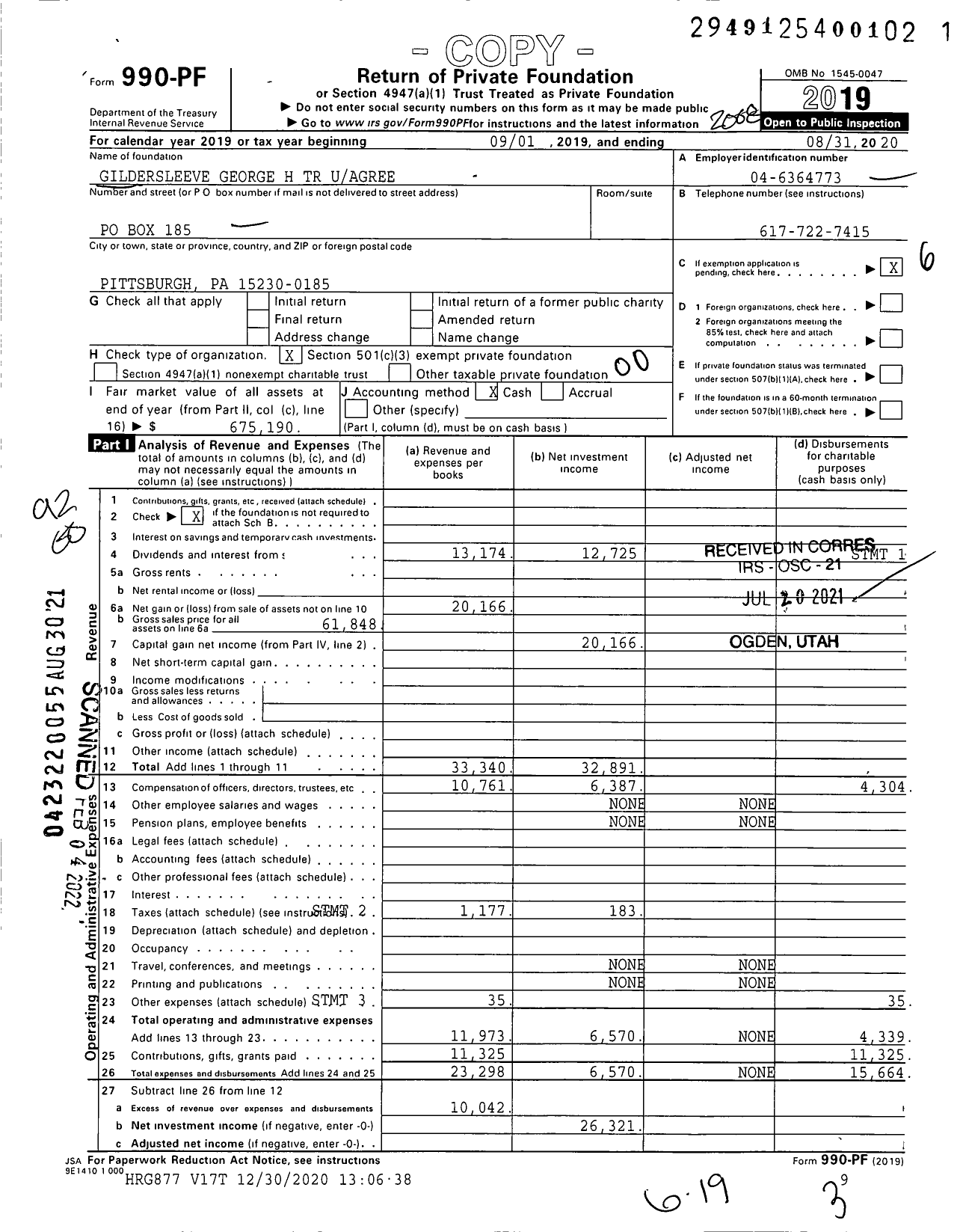 Image of first page of 2019 Form 990PF for Gildersleeve George H TR Uagree