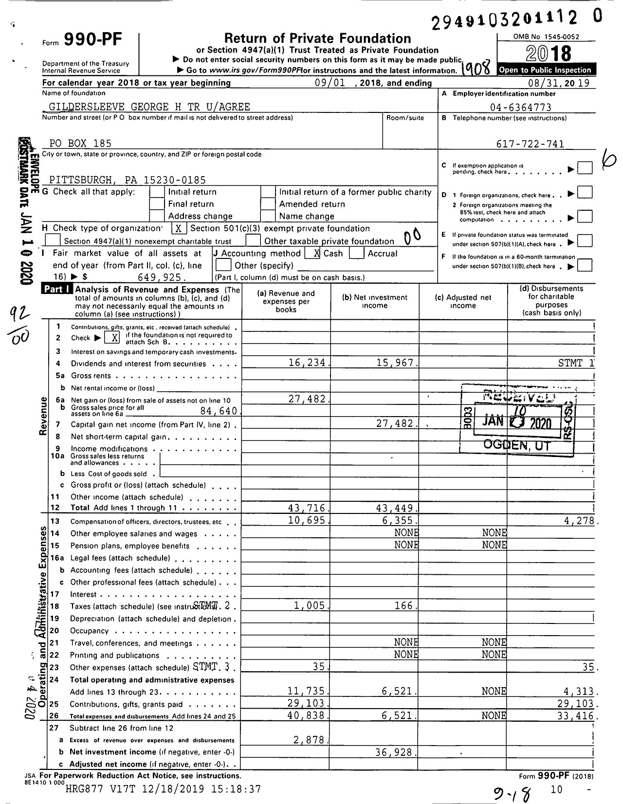 Image of first page of 2018 Form 990PR for Gildersleeve George H TR Uagree