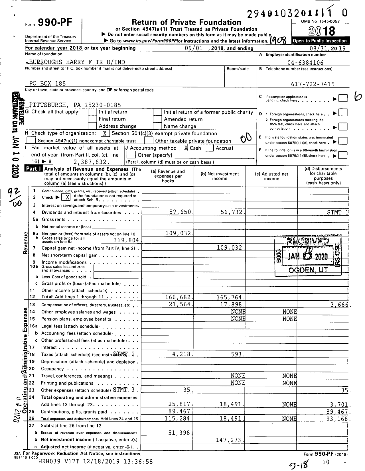 Image of first page of 2018 Form 990PR for Burroughs Harry F TR Uind