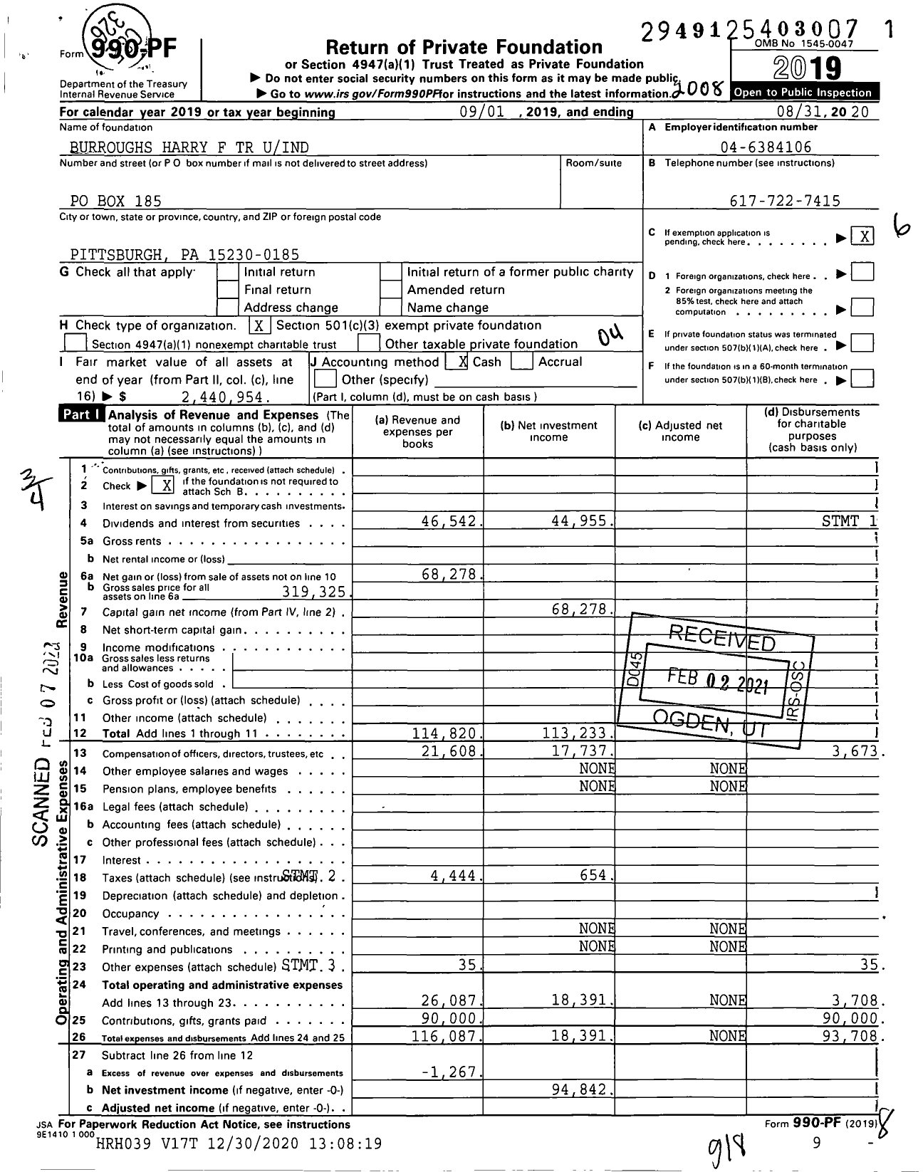 Image of first page of 2019 Form 990PF for Burroughs Harry F TR Uind