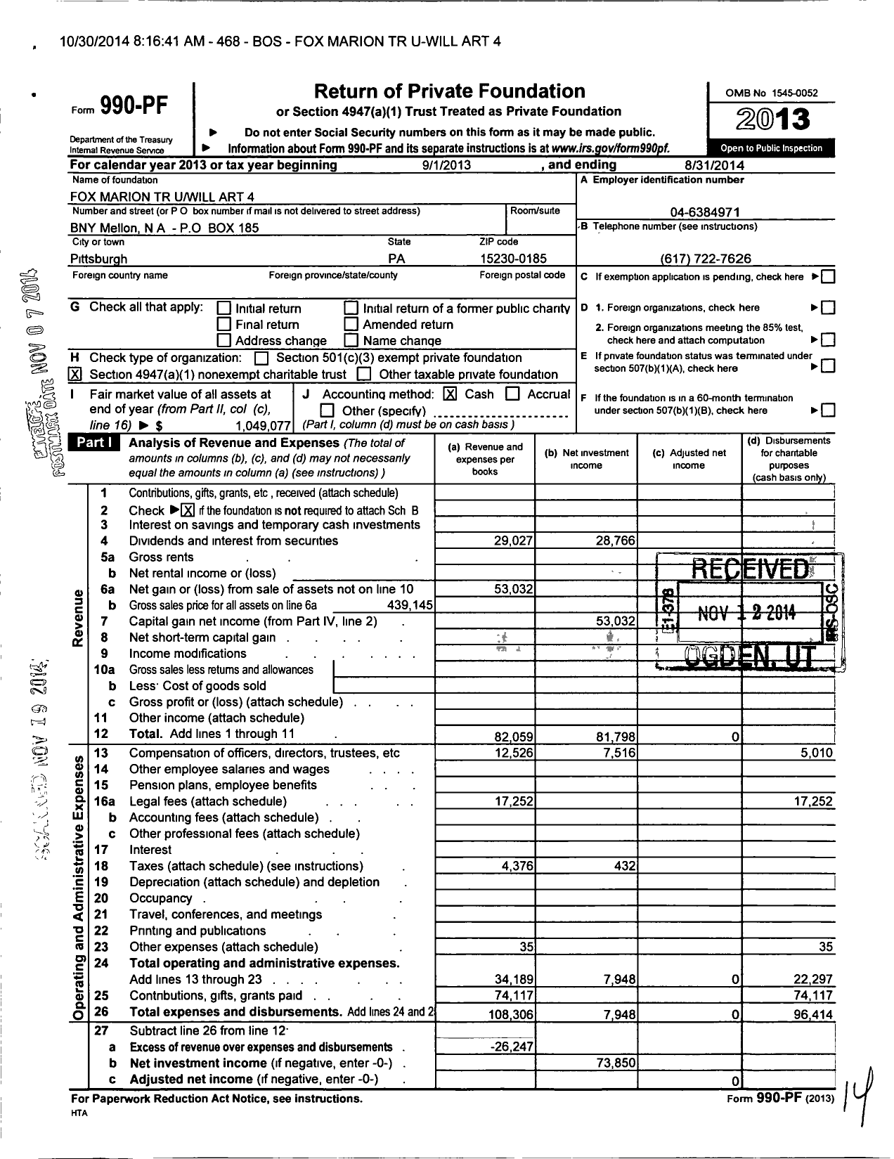 Image of first page of 2013 Form 990PF for Fox Marion TR U Will Art 4