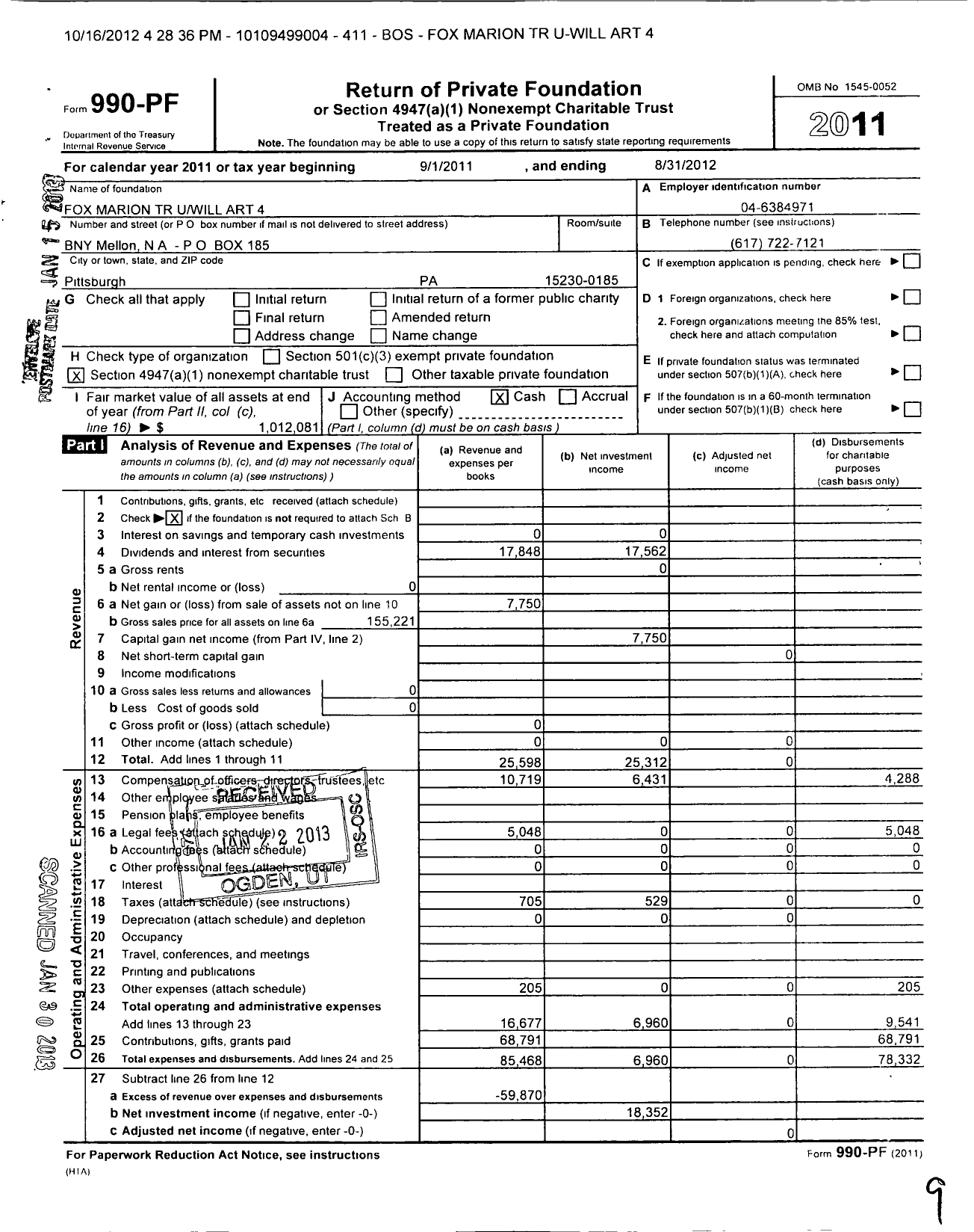 Image of first page of 2011 Form 990PF for Fox Marion TR U Will Art 4