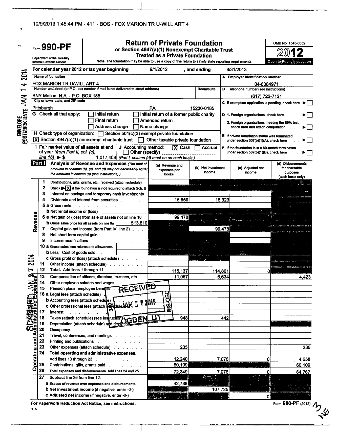 Image of first page of 2012 Form 990PF for Fox Marion TR U Will Art 4