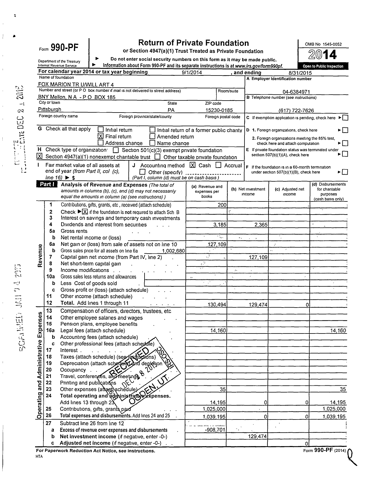 Image of first page of 2014 Form 990PF for Fox Marion TR U Will Art 4