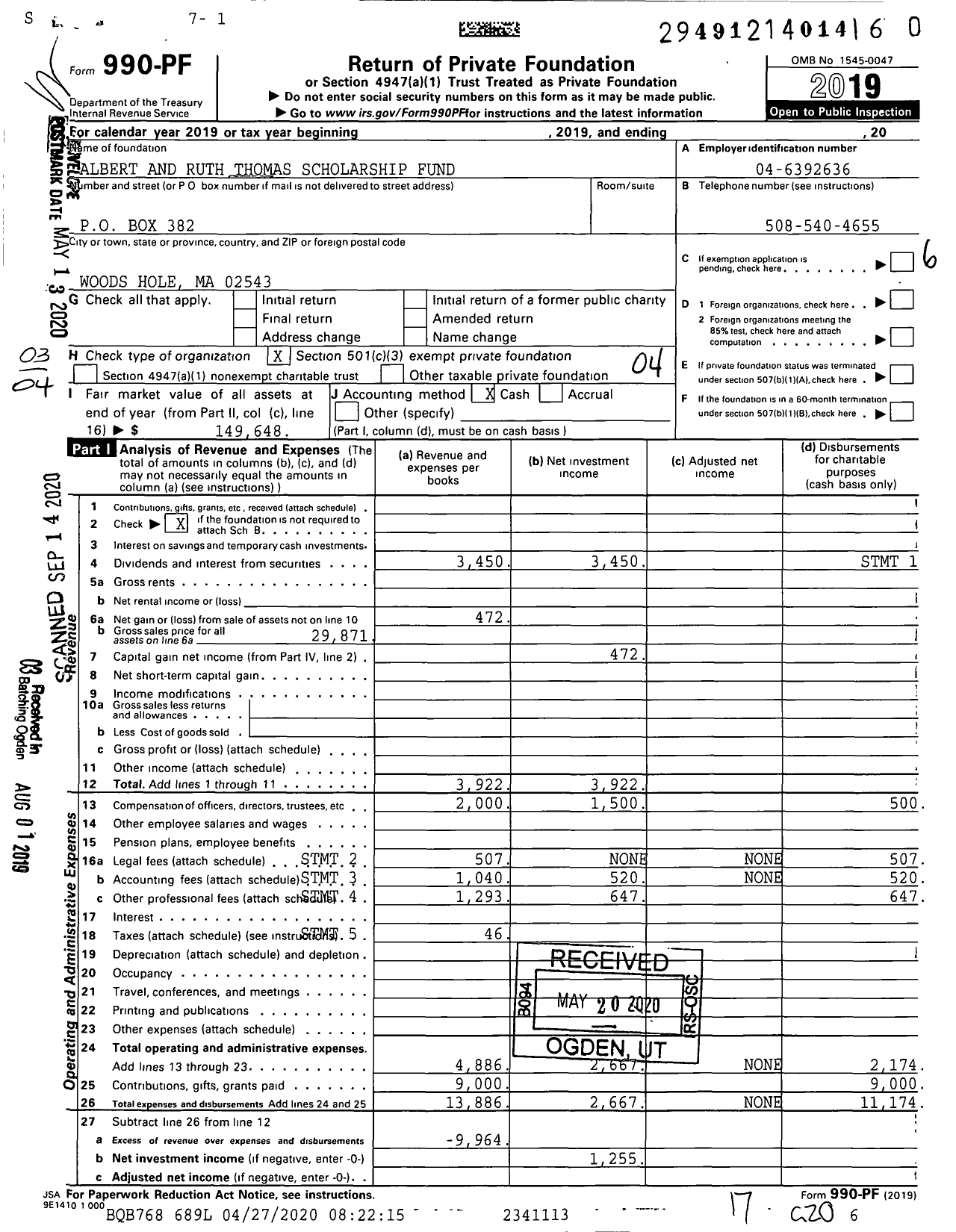 Image of first page of 2019 Form 990PR for Albert and Ruth Thomas Scholarship Fund