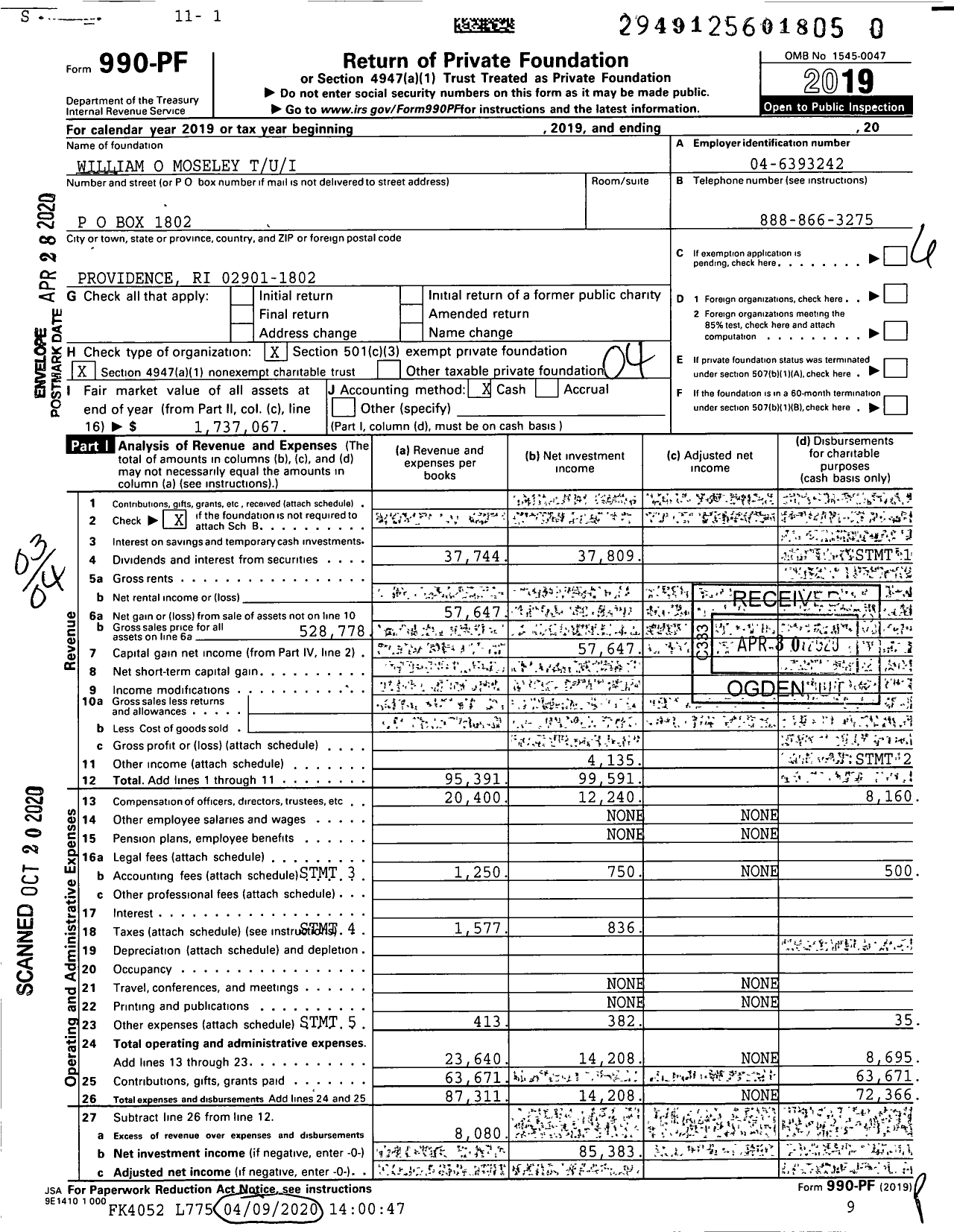 Image of first page of 2019 Form 990PR for William O Moseley Tui