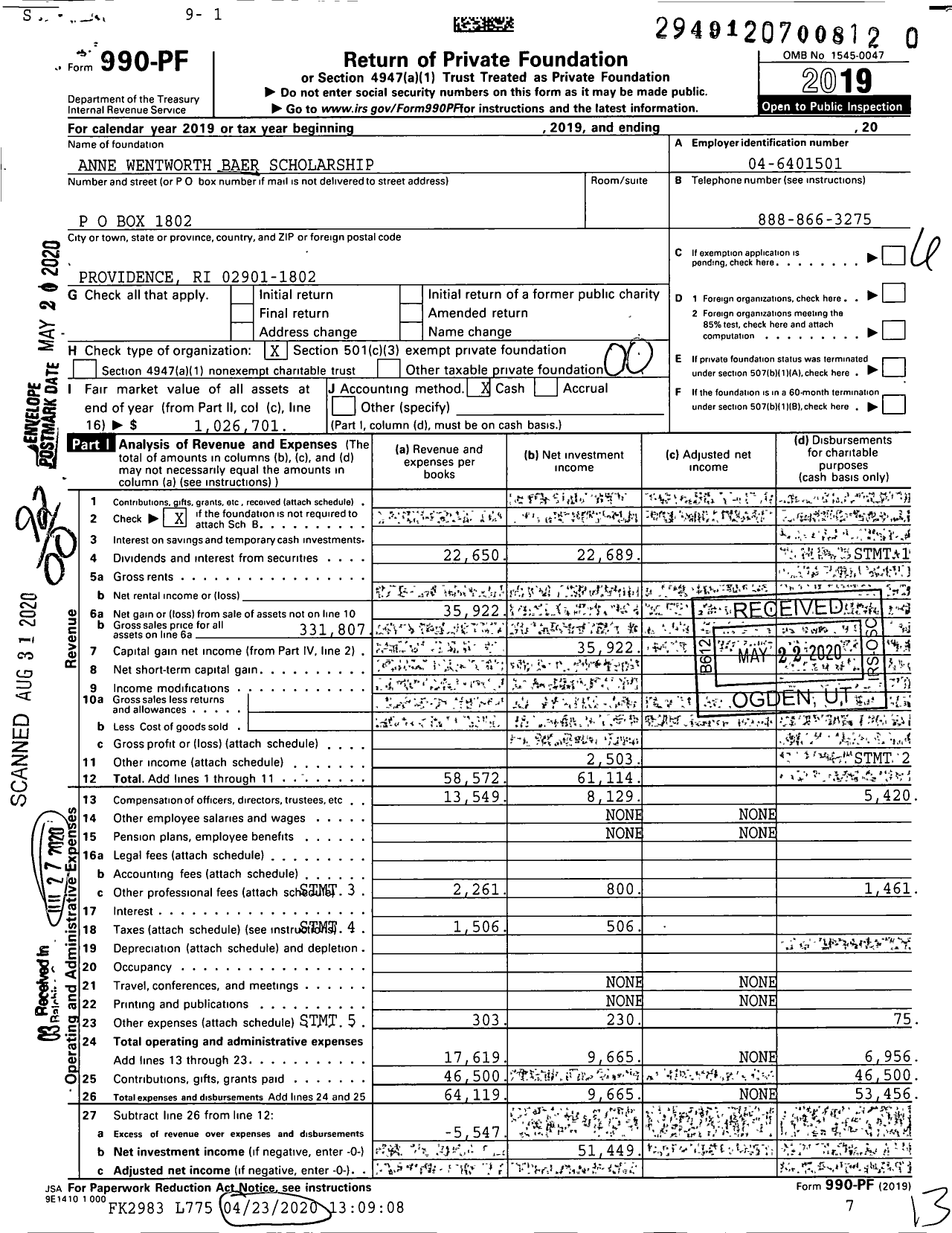 Image of first page of 2019 Form 990PR for Anne Wentworth Baer Scholarship