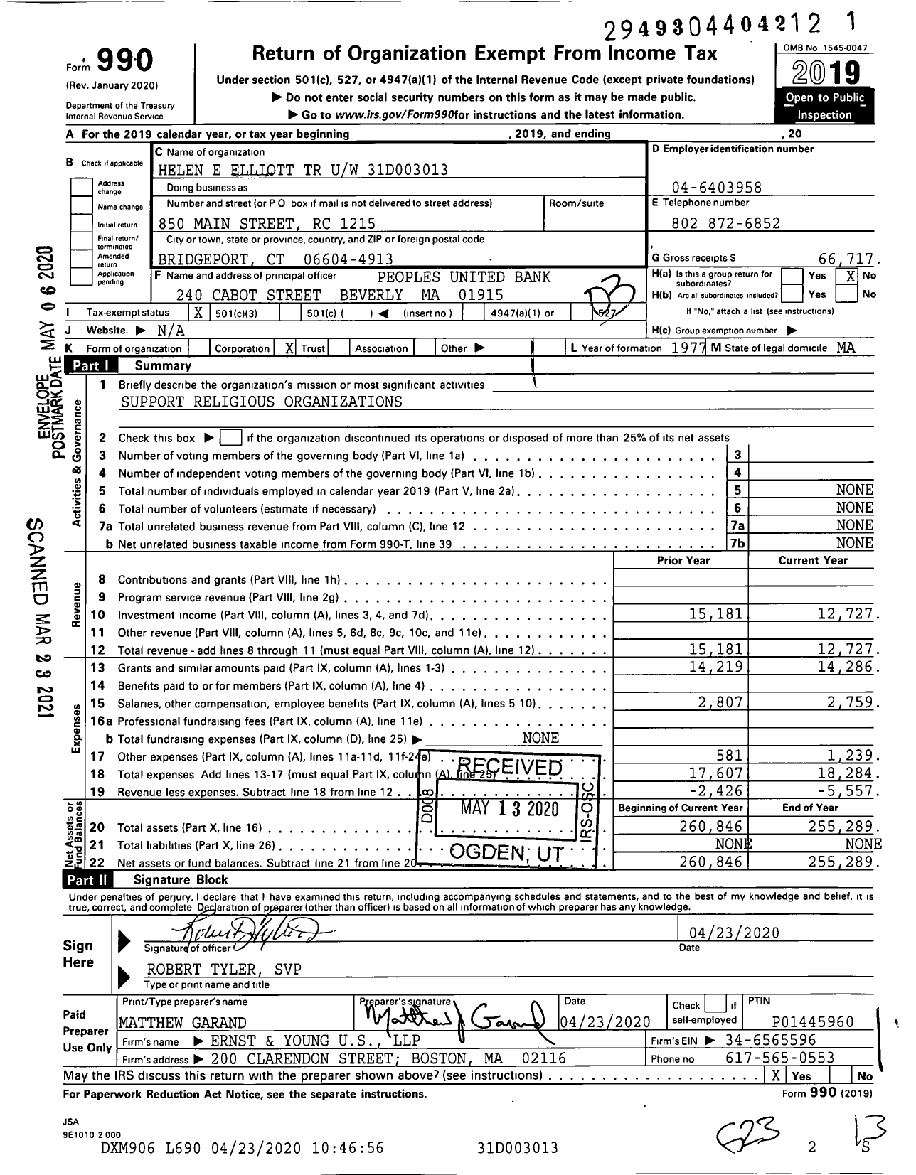 Image of first page of 2019 Form 990 for Helen E Elliott TR Uw