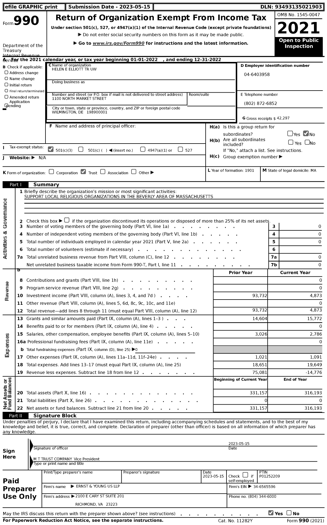 Image of first page of 2022 Form 990 for Helen E Elliott TR Uw