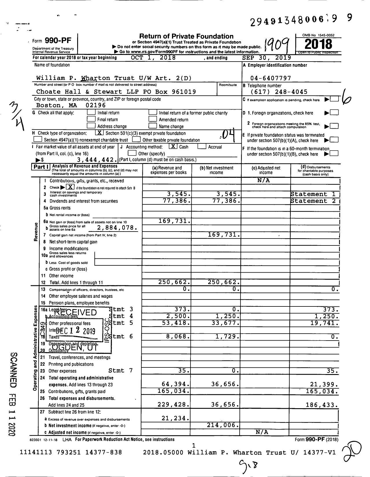 Image of first page of 2018 Form 990PF for William P Wharton Trust UW Art 2