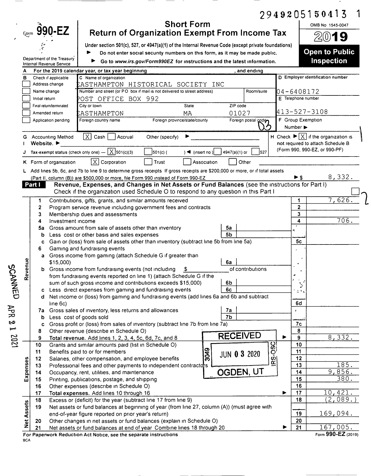 Image of first page of 2019 Form 990EZ for Easthampton Historical Society