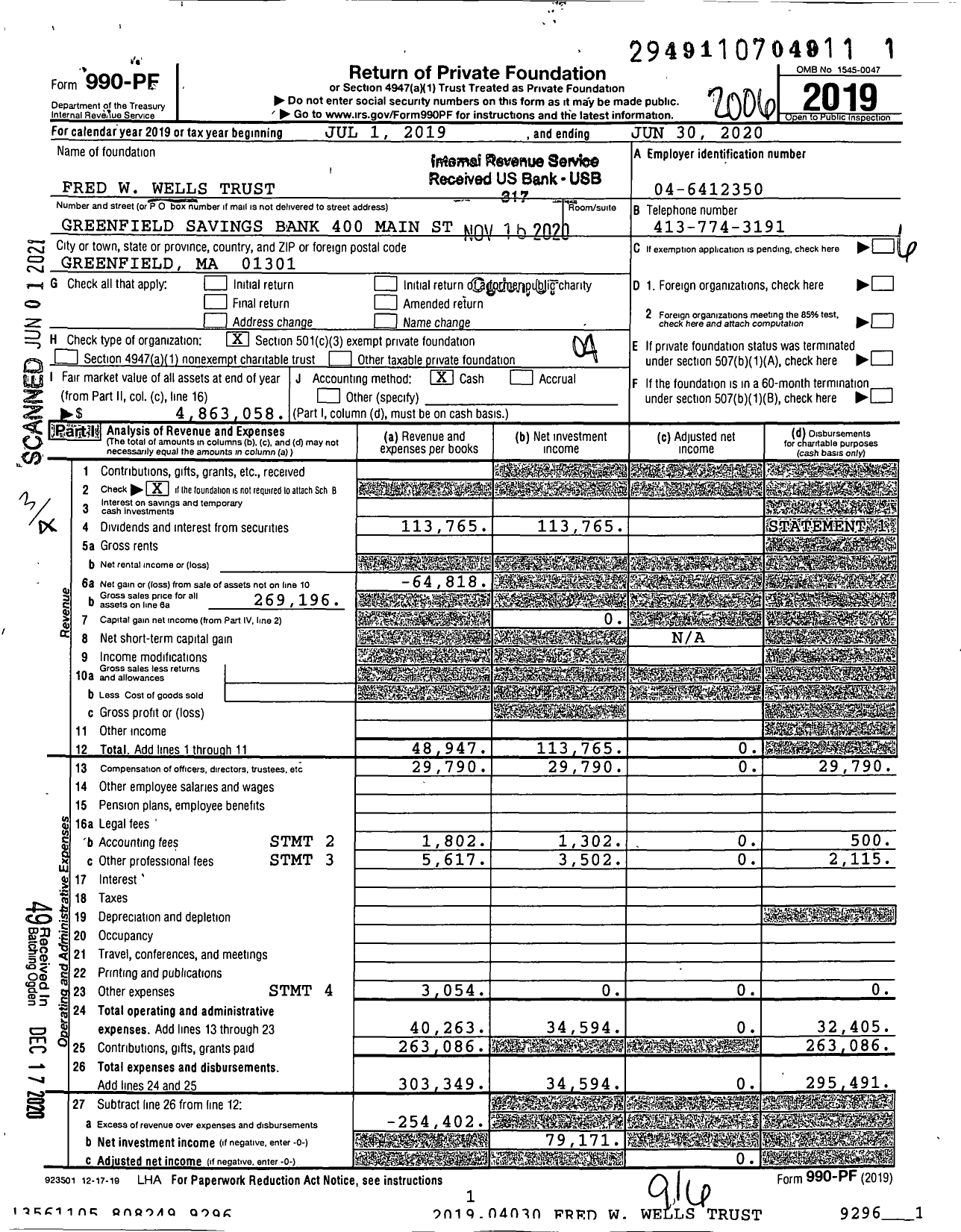 Image of first page of 2019 Form 990PF for Fred W Wells Trust