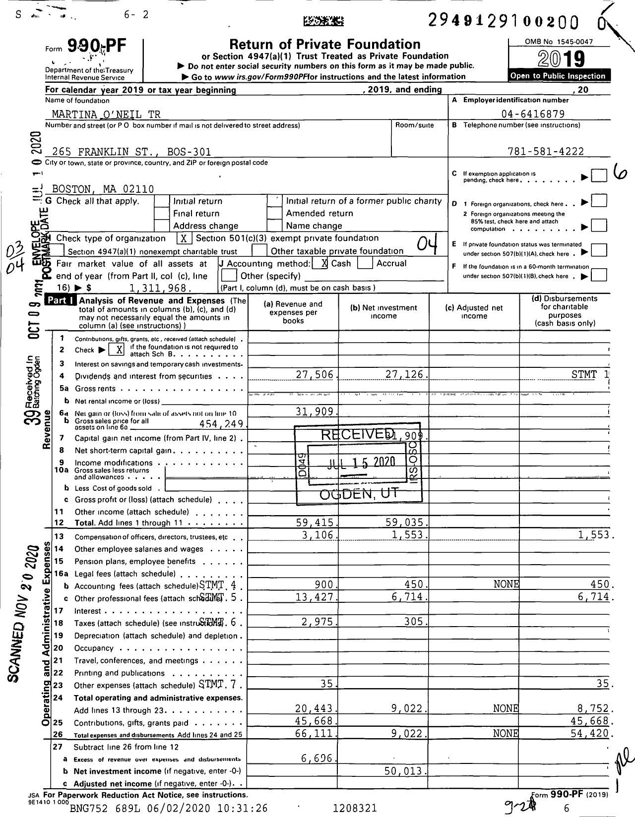 Image of first page of 2019 Form 990PF for Martina O'Neil Trust