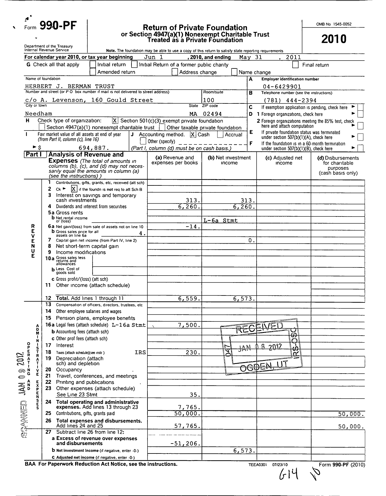 Image of first page of 2010 Form 990PF for Herbert J Berman Trust