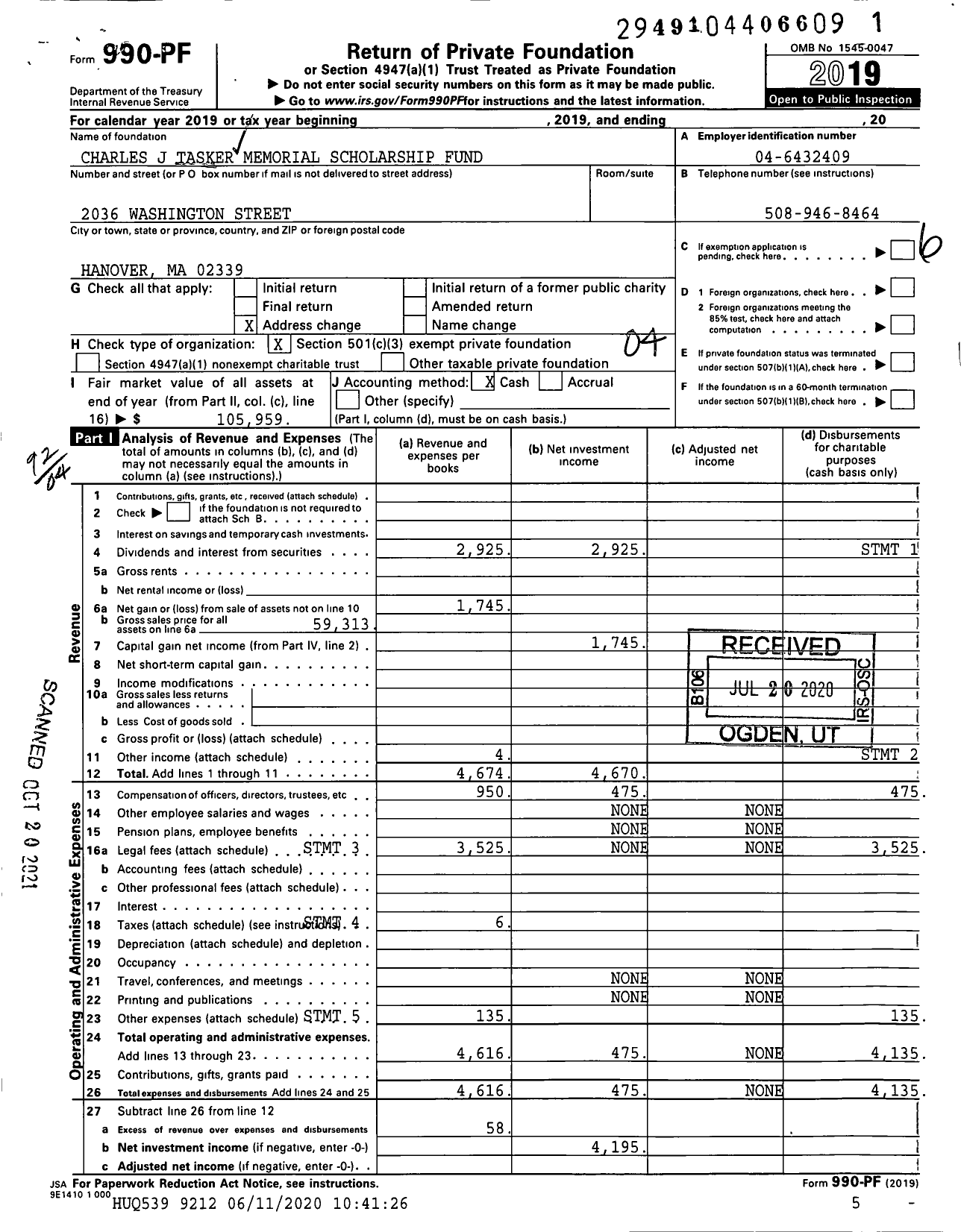 Image of first page of 2019 Form 990PF for Charles J Tasker Memorial Scholarship Fund